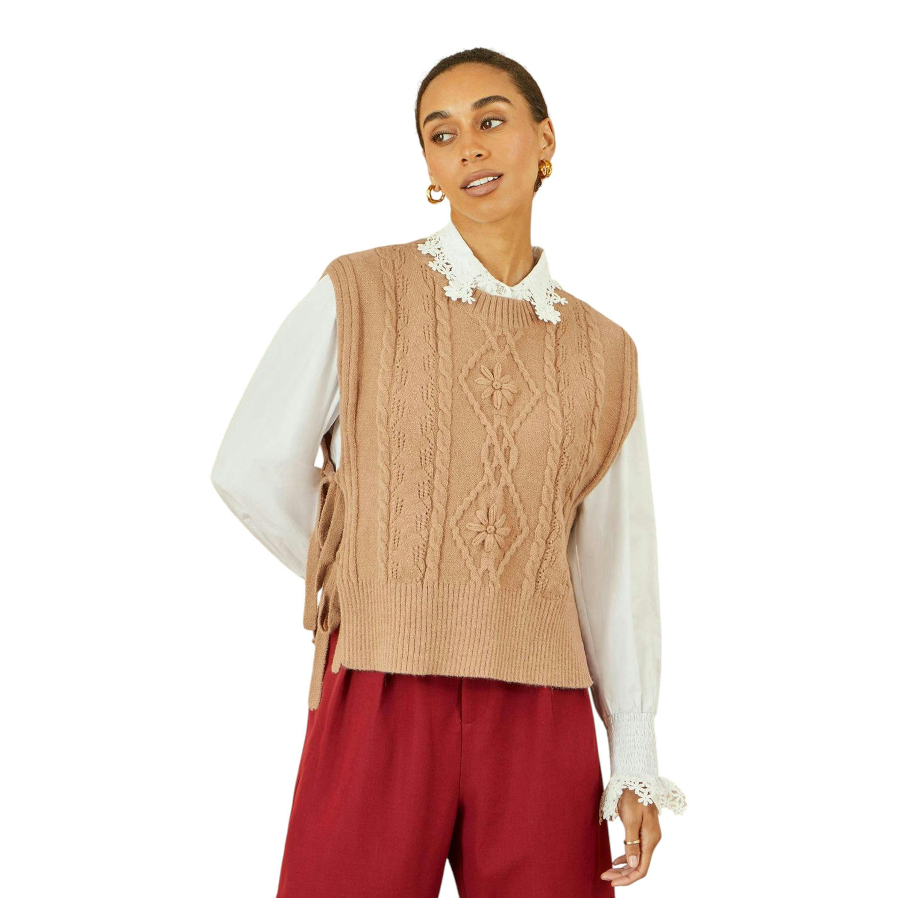 Yumi Camel Flower Cable Knit Tie Side Pullover , view 1 of 5