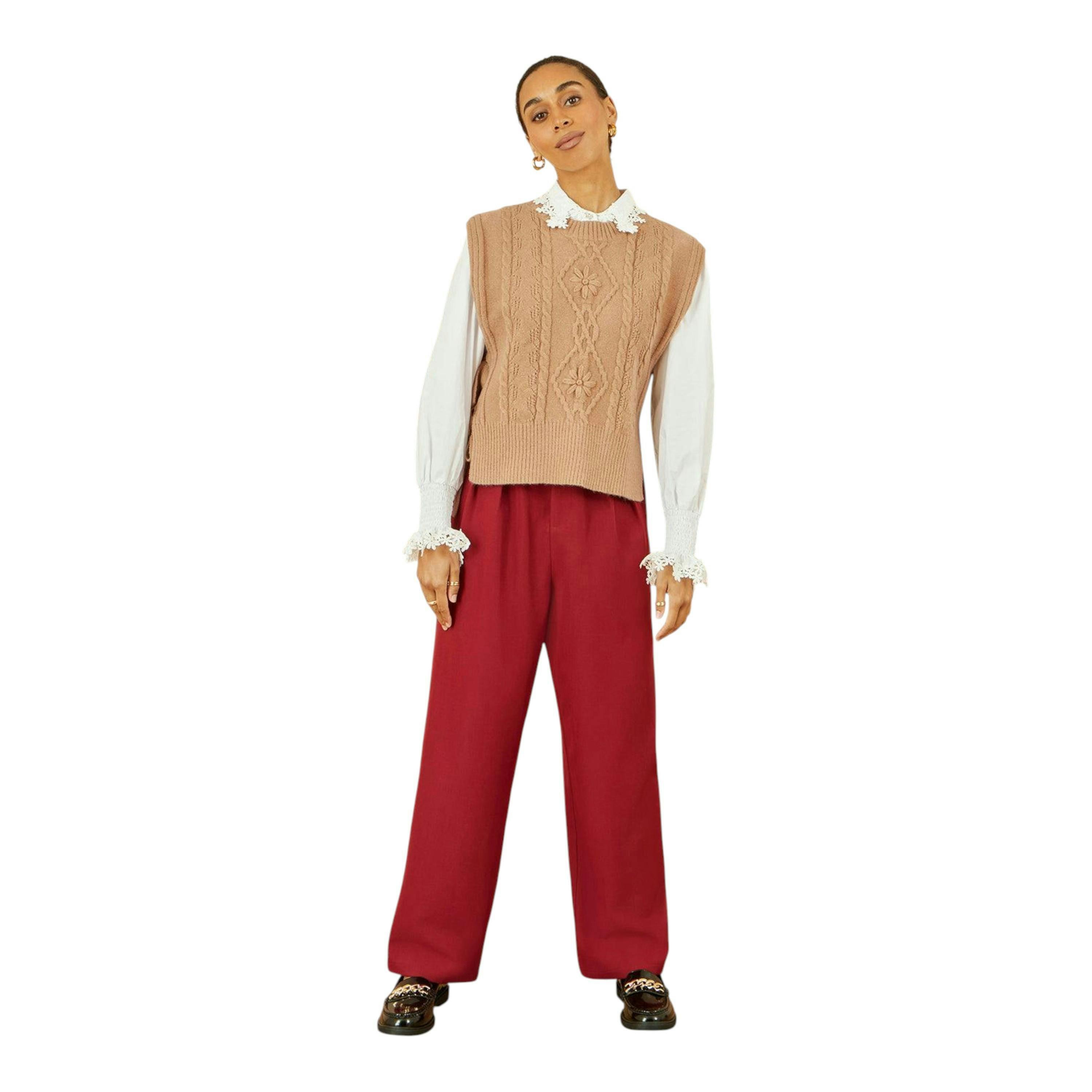 Yumi Camel Flower Cable Knit Tie Side Pullover , view 2 of 5