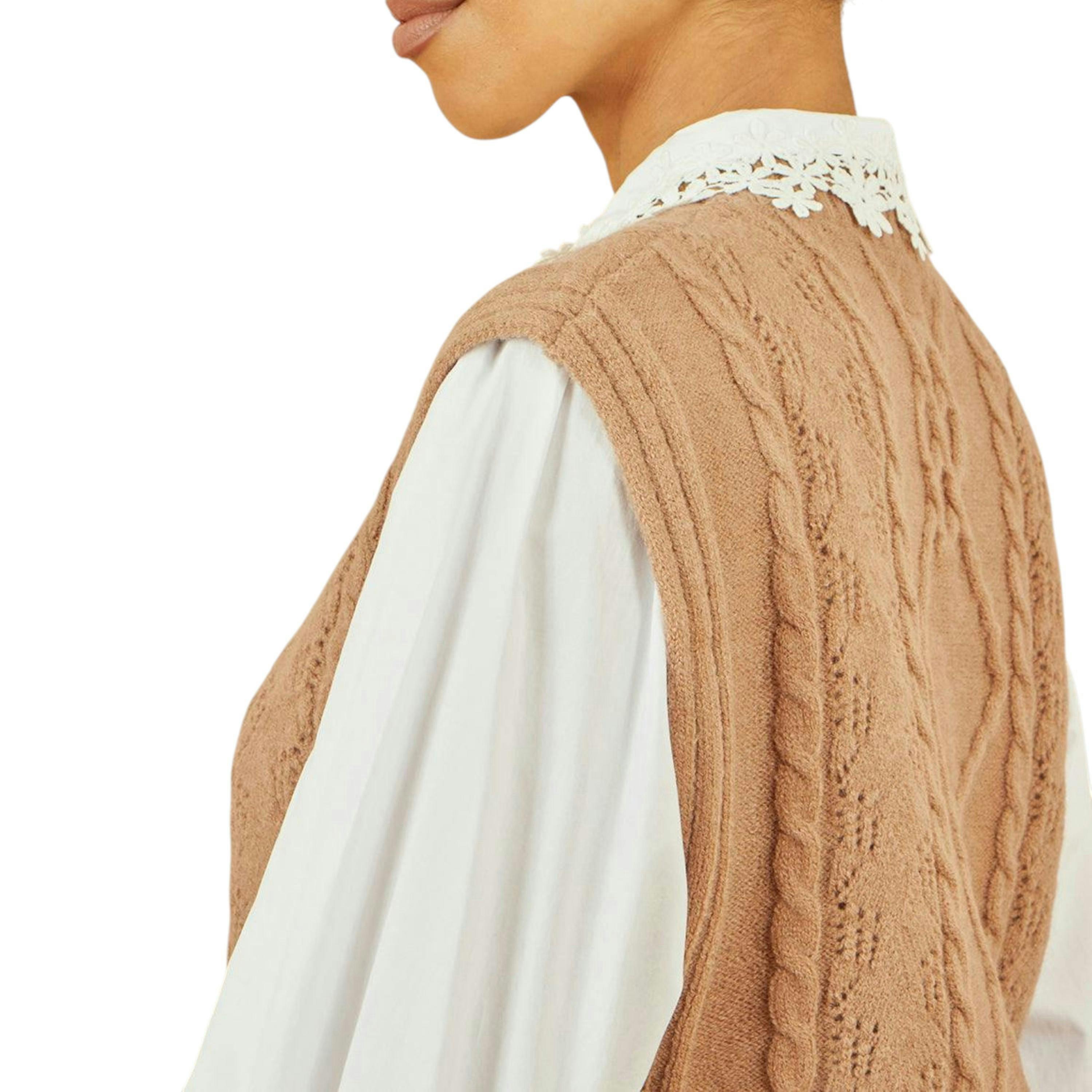 Yumi Camel Flower Cable Knit Tie Side Pullover , view 3 of 5