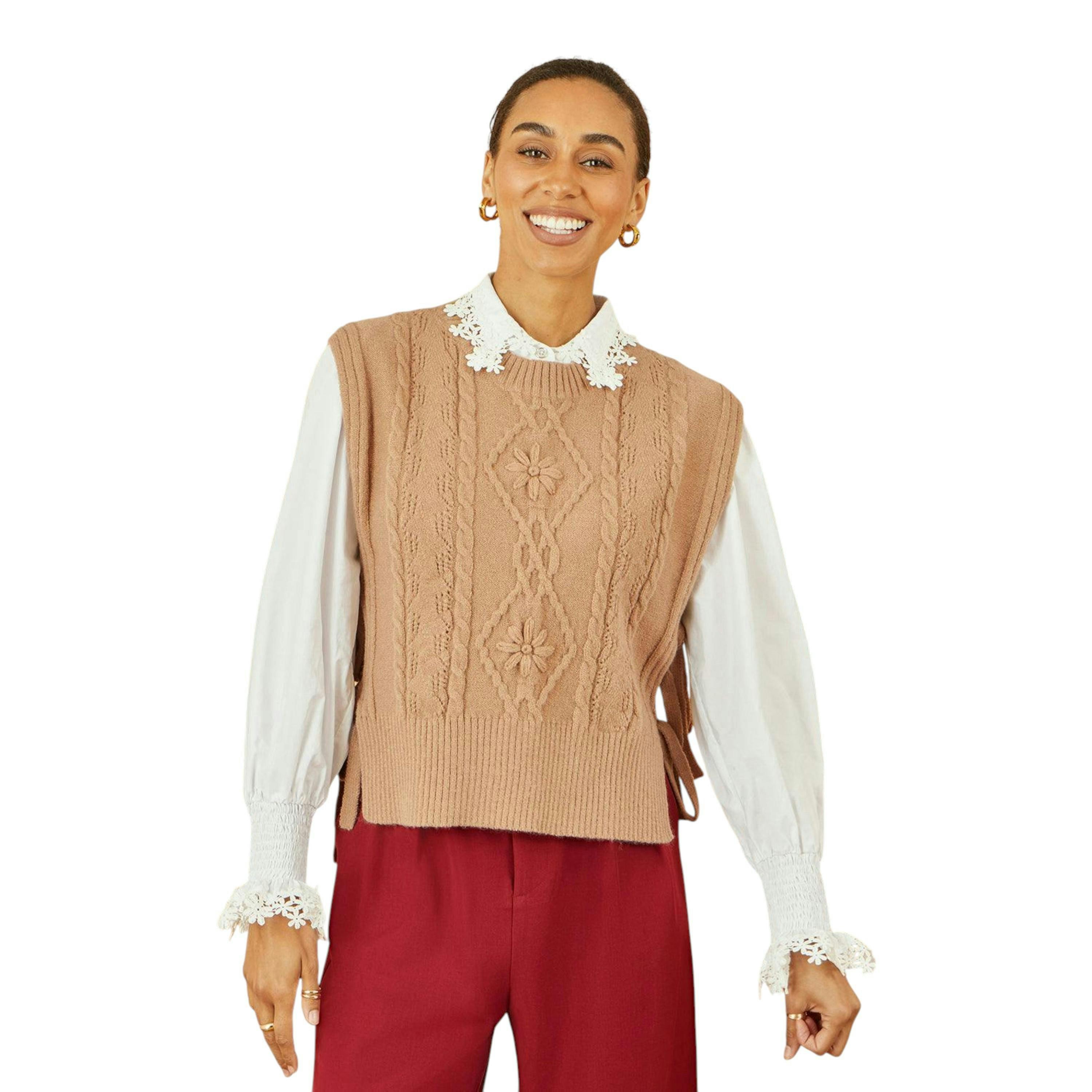 Yumi Camel Flower Cable Knit Tie Side Pullover , view 4 of 5