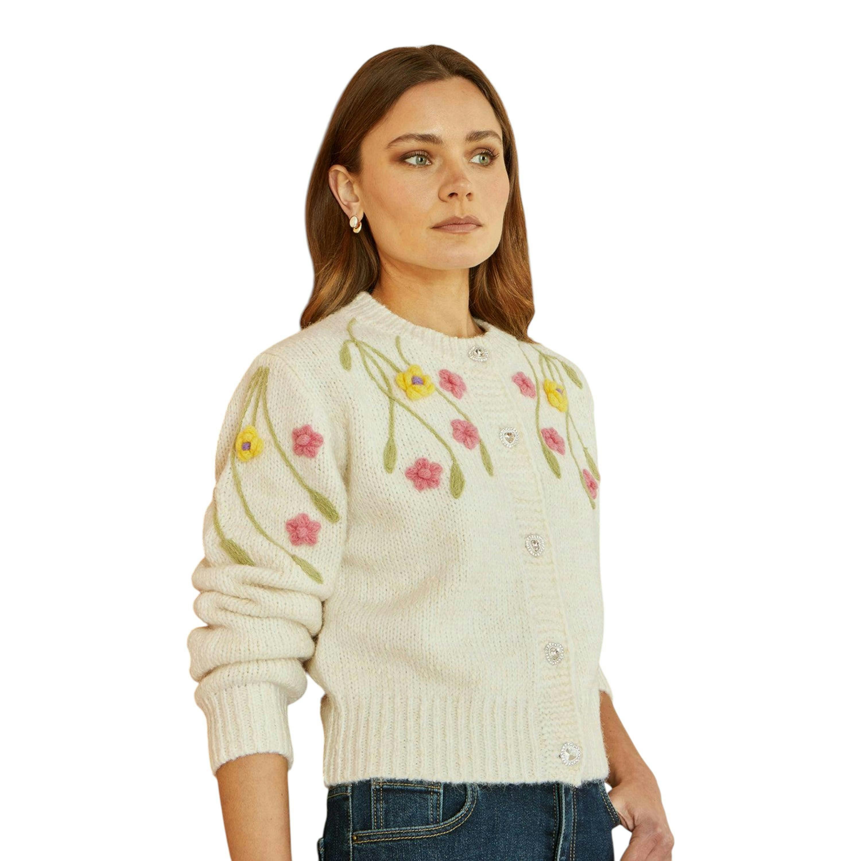 Yumi Beige Flower Embroidered Chunky Knit Cardigan , view 1 of 5