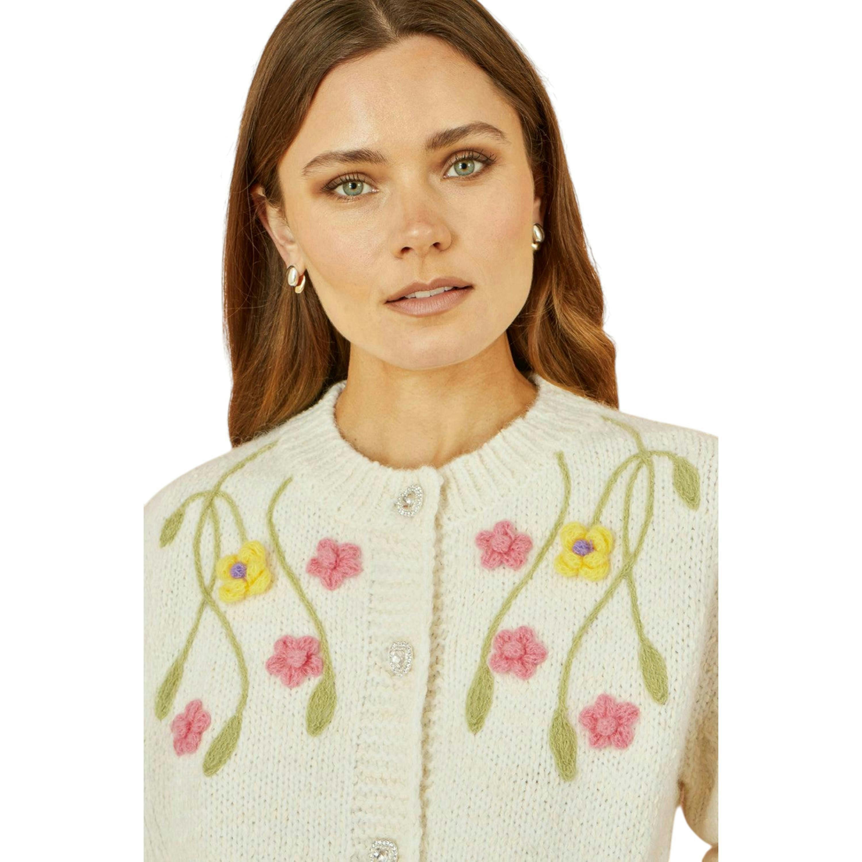 Yumi Beige Flower Embroidered Chunky Knit Cardigan , view 2 of 5