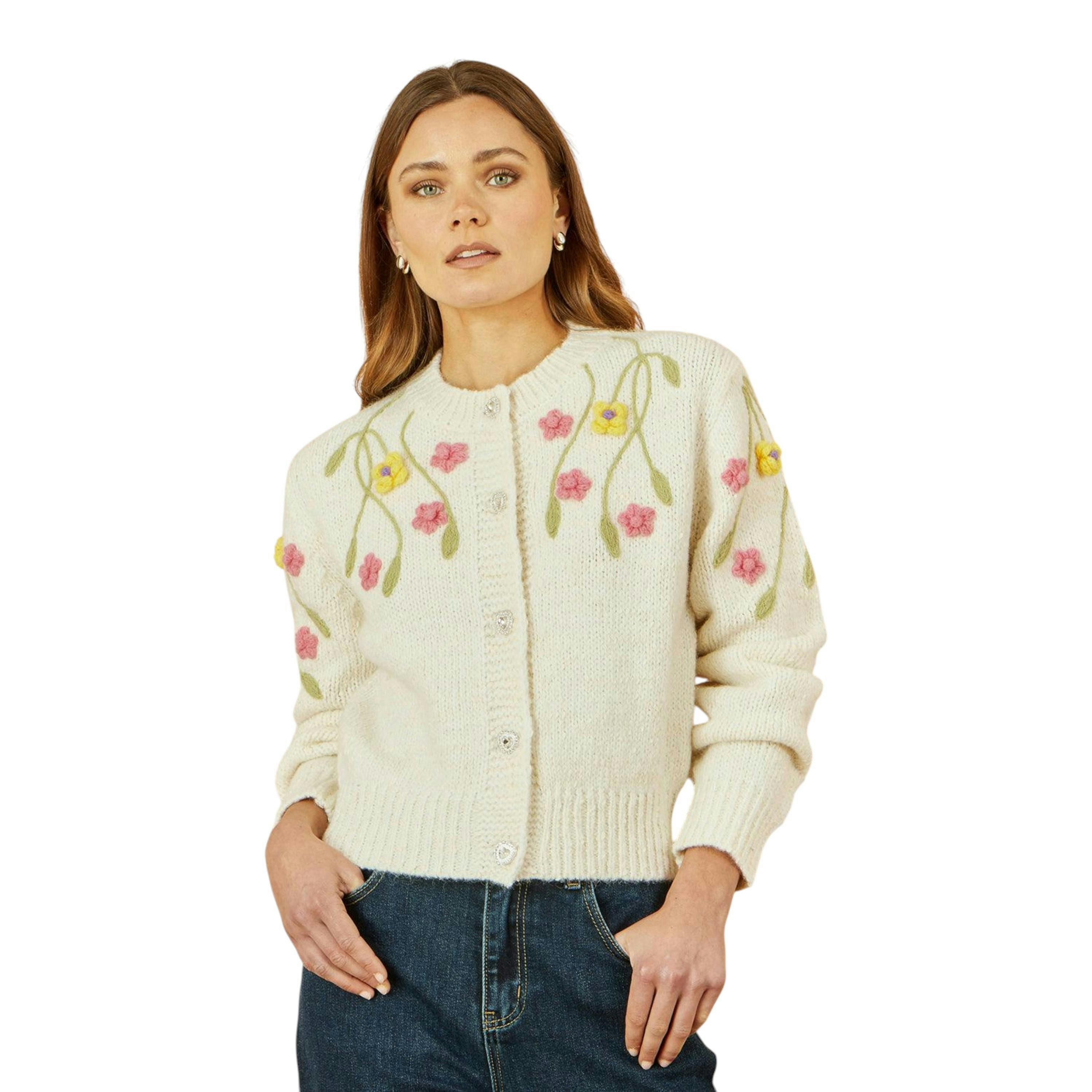 Yumi Beige Flower Embroidered Chunky Knit Cardigan , view 3 of 5