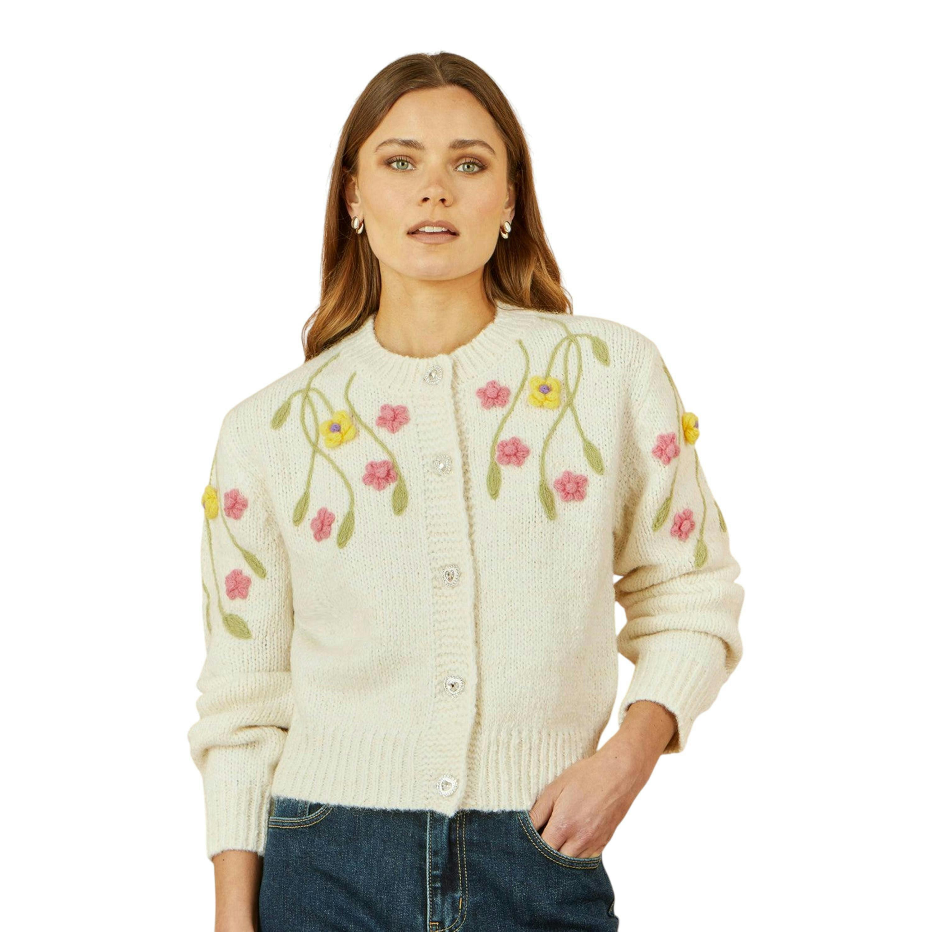 Yumi Beige Flower Embroidered Chunky Knit Cardigan , view 5 of 5