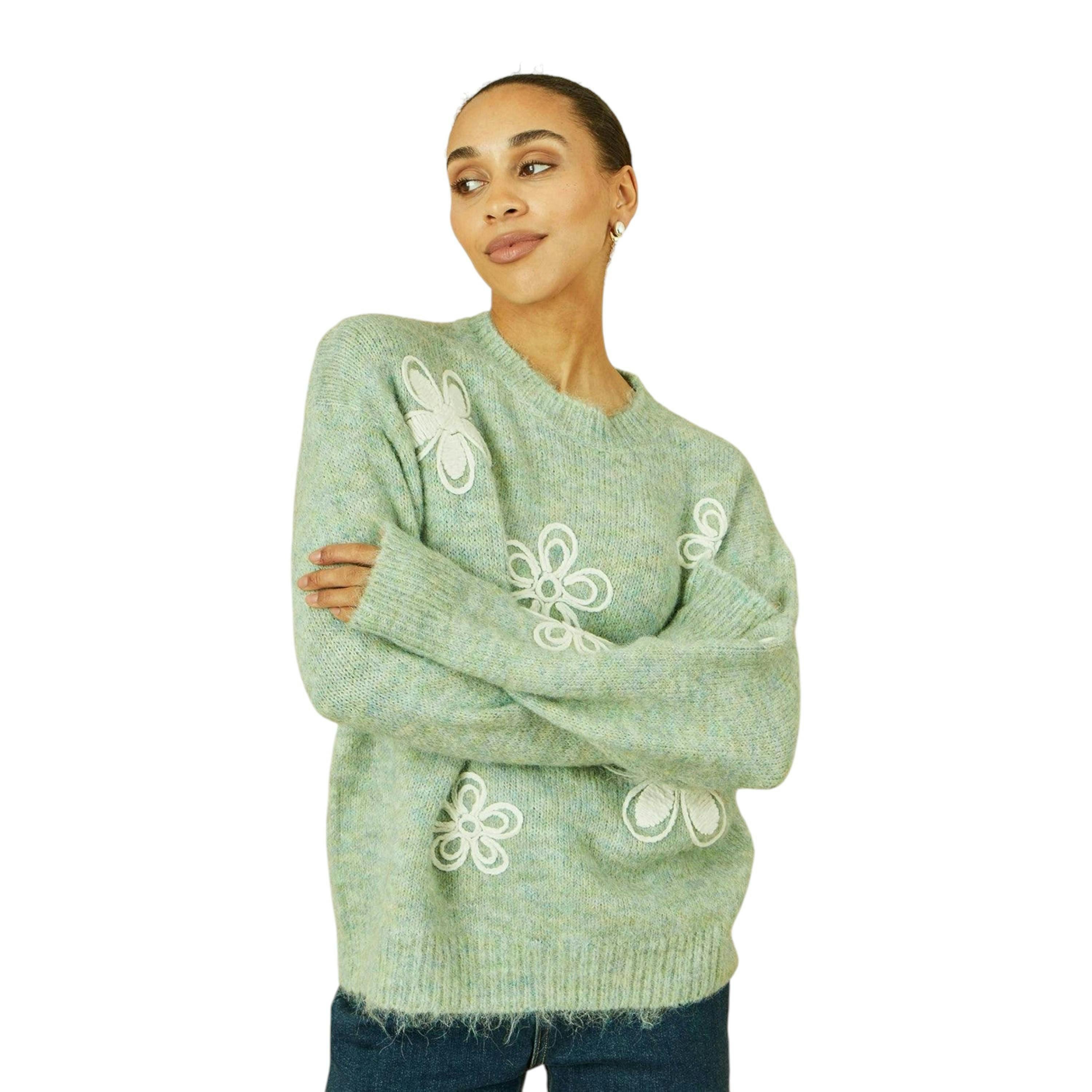 Yumi Green Relaxed Knitted Jumper With Crochet Flowers , view 1 of 6
