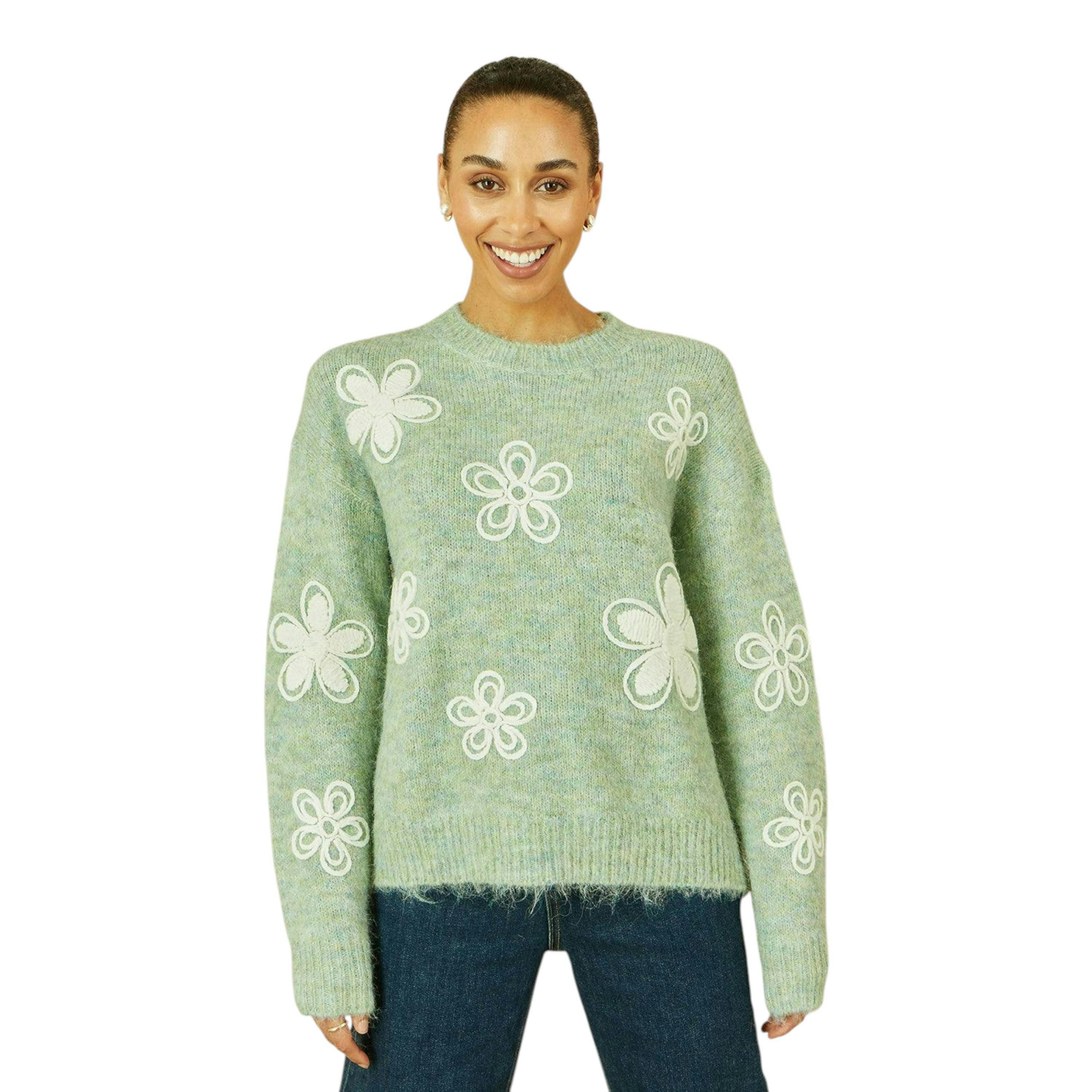 Yumi Green Relaxed Knitted Jumper With Crochet Flowers , view 2 of 6