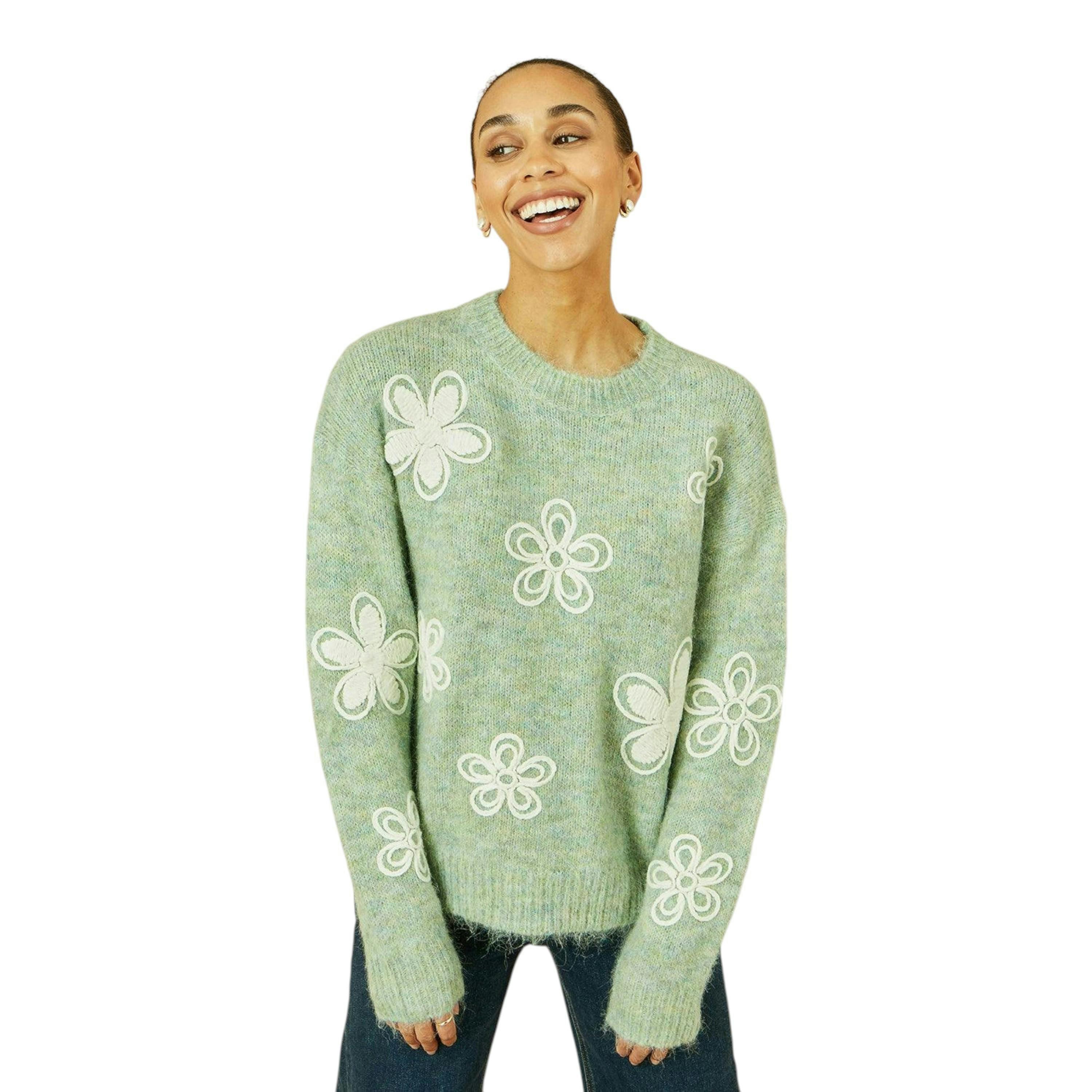 Yumi Green Relaxed Knitted Jumper With Crochet Flowers , view 3 of 6