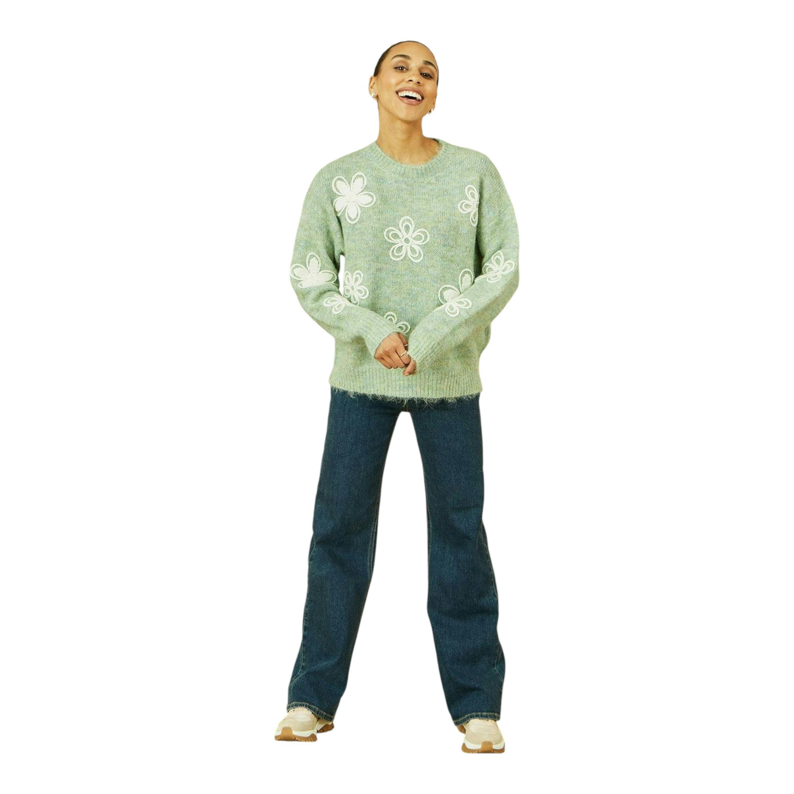 Yumi Green Relaxed Knitted Jumper With Crochet Flowers , view 5 of 6