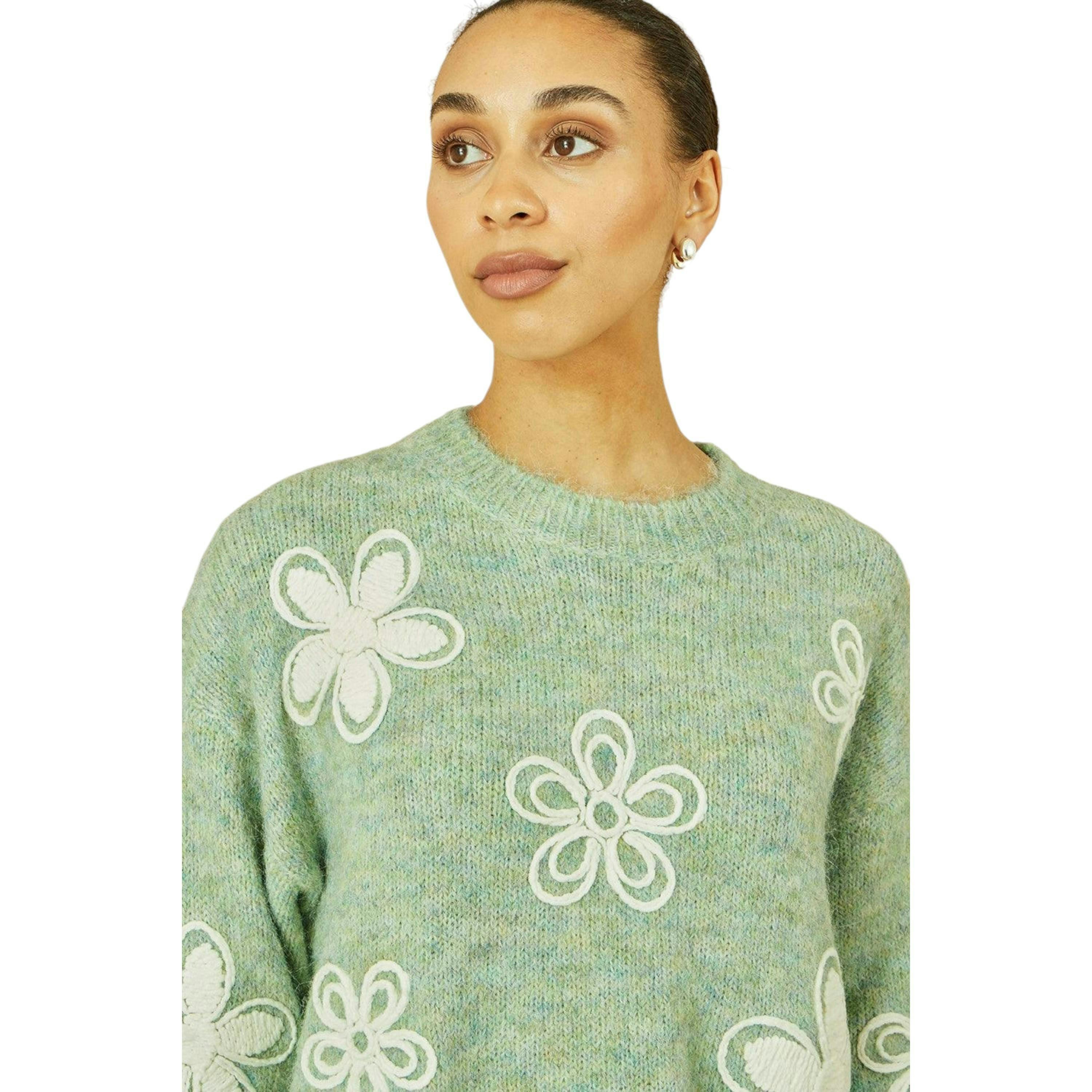 Yumi Green Relaxed Knitted Jumper With Crochet Flowers , view 6 of 6