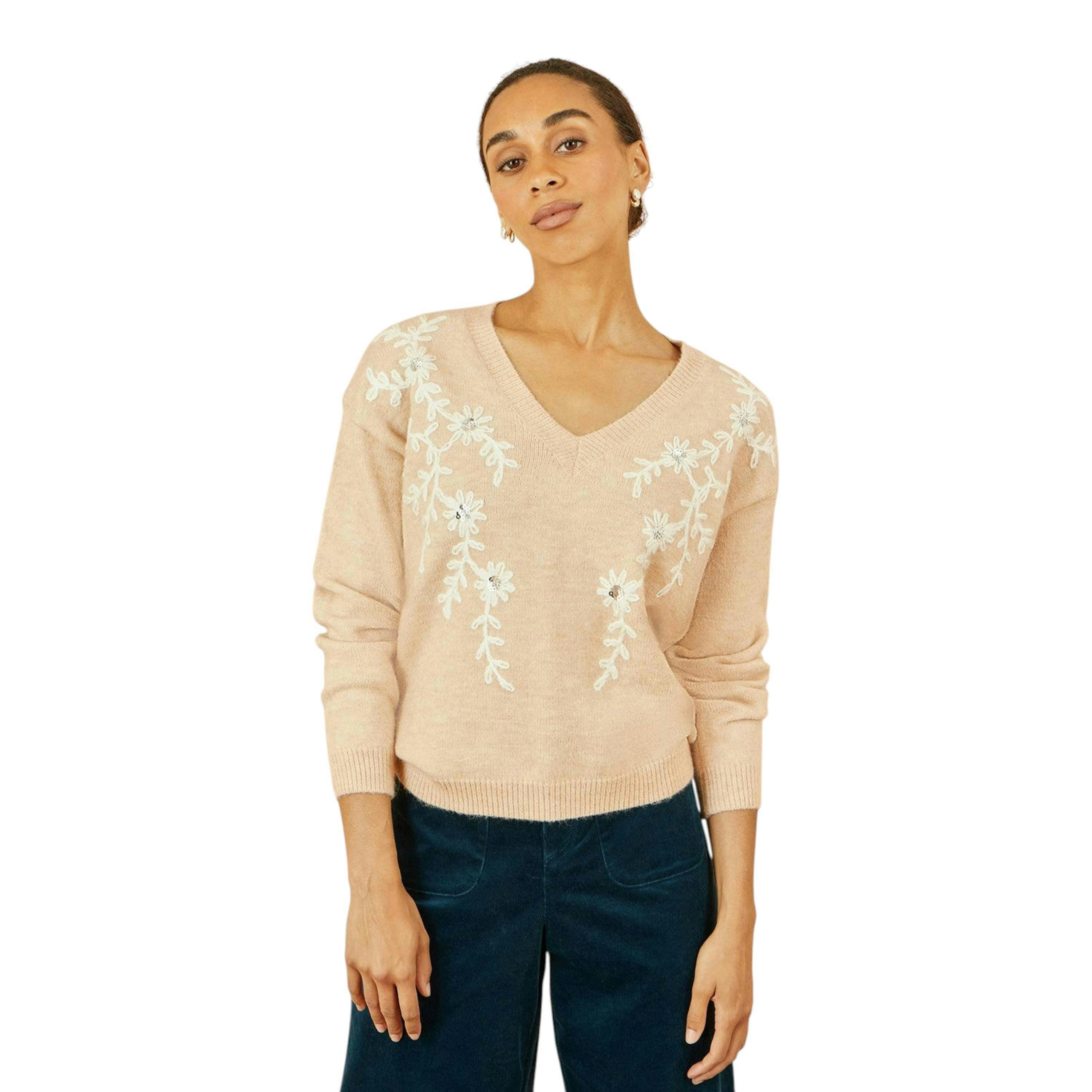 Yumi Oatmeal Floral Embroidered V Neck Relaxed Knitted Jumper , view 1 of 5
