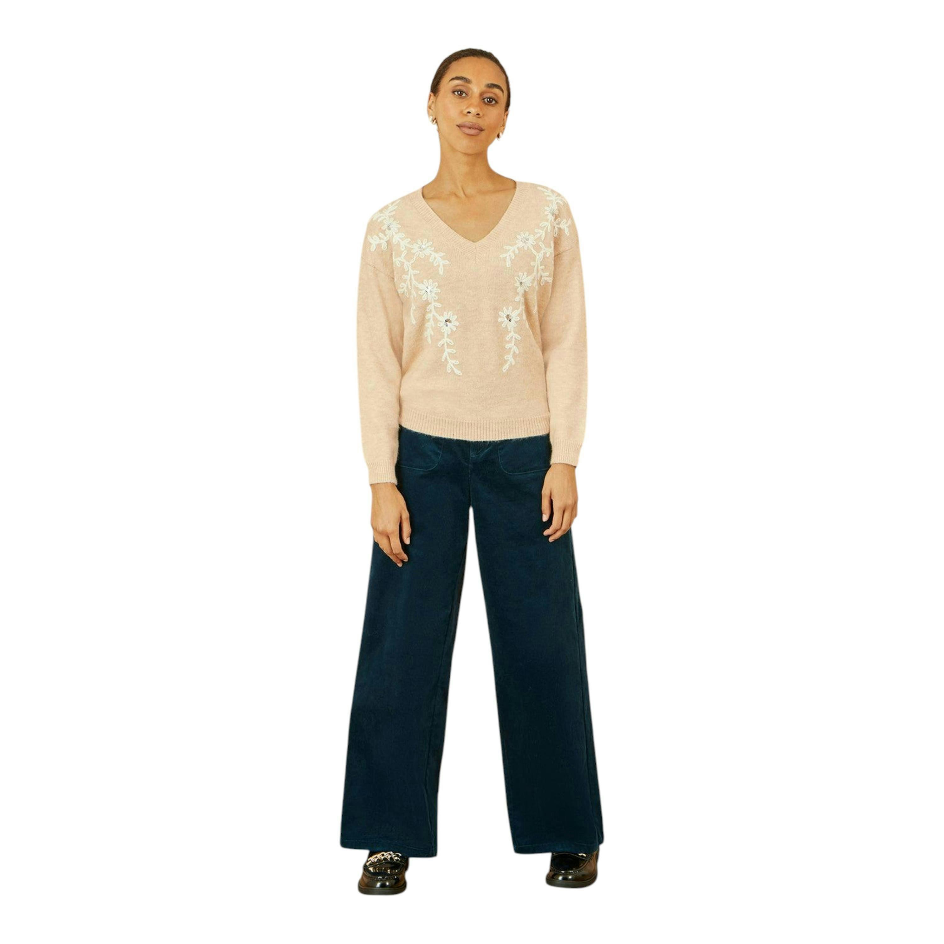 Yumi Oatmeal Floral Embroidered V Neck Relaxed Knitted Jumper , view 2 of 5