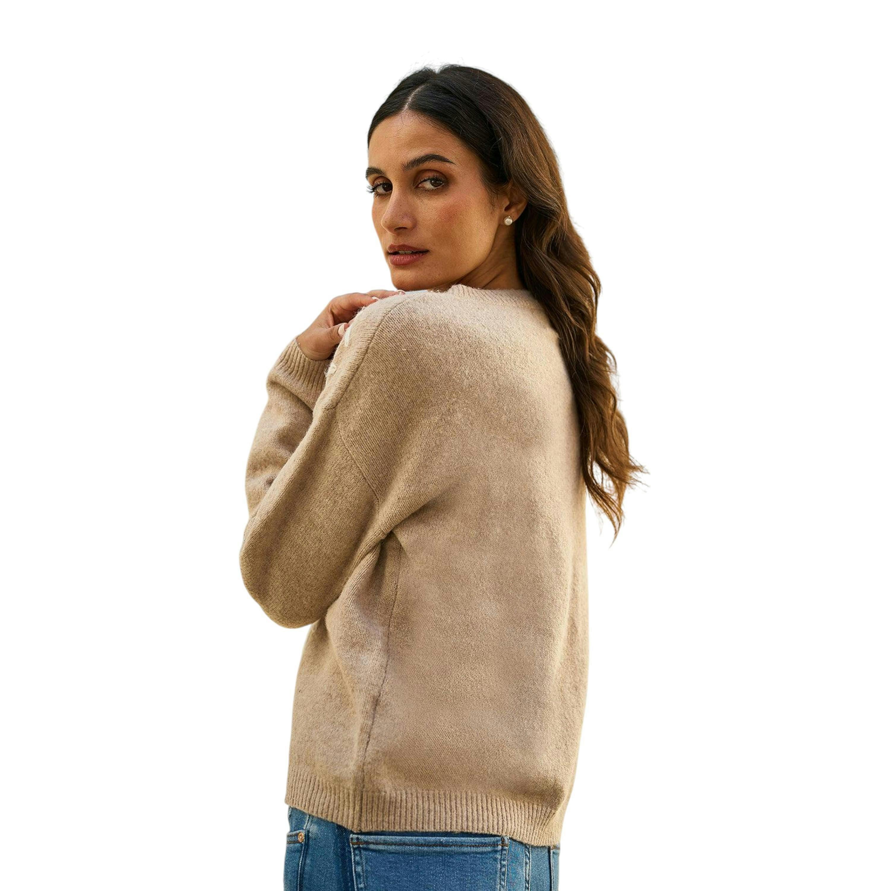 Yumi Oatmeal Floral Embroidered V Neck Relaxed Knitted Jumper , view 3 of 5