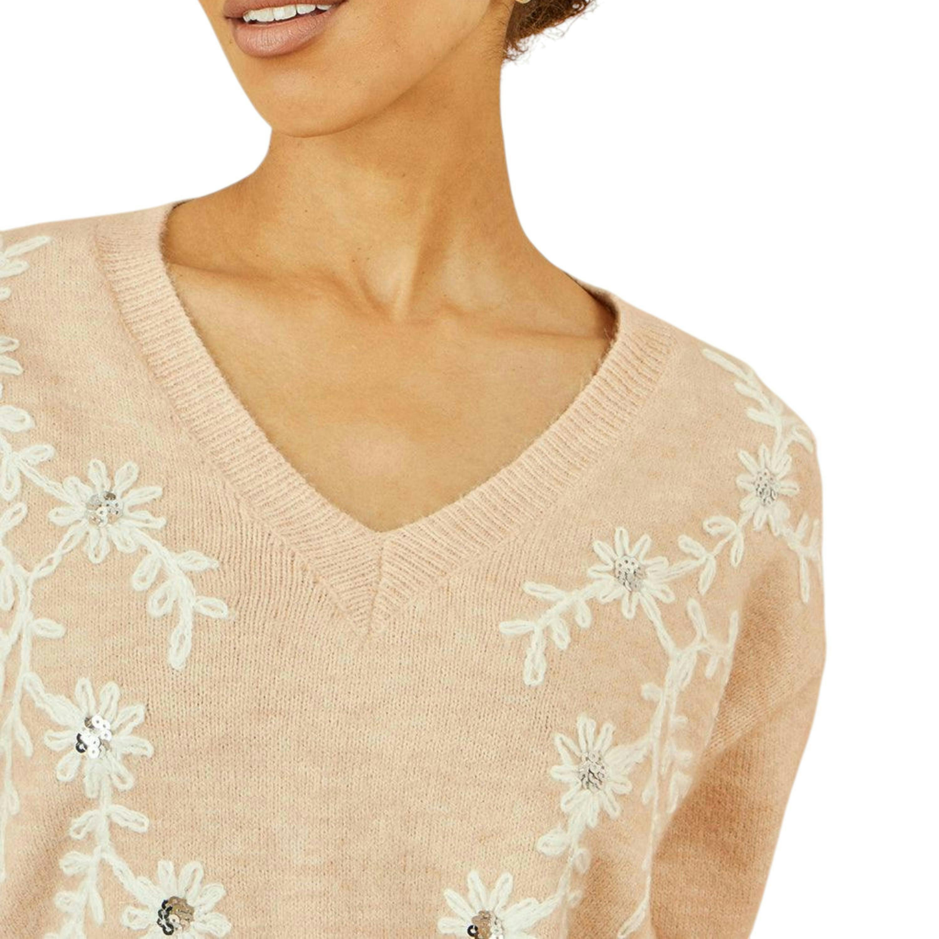 Yumi Oatmeal Floral Embroidered V Neck Relaxed Knitted Jumper , view 4 of 5