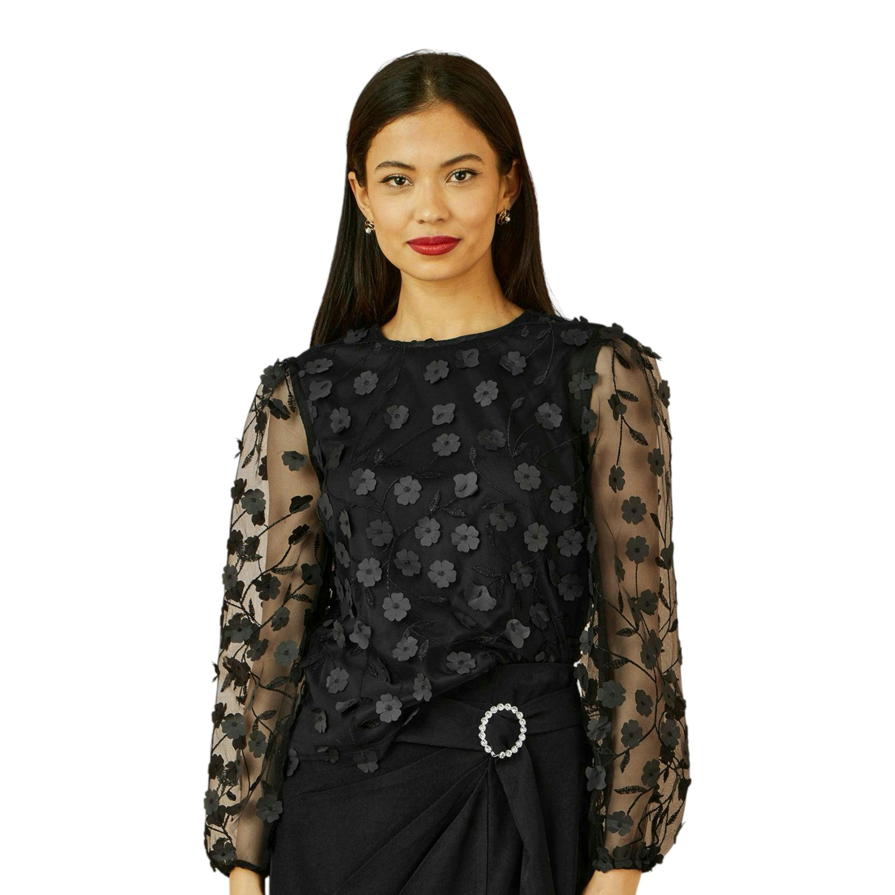 Yumi Black Sheer Sleeve Applique Flower Top , view 1 of 6