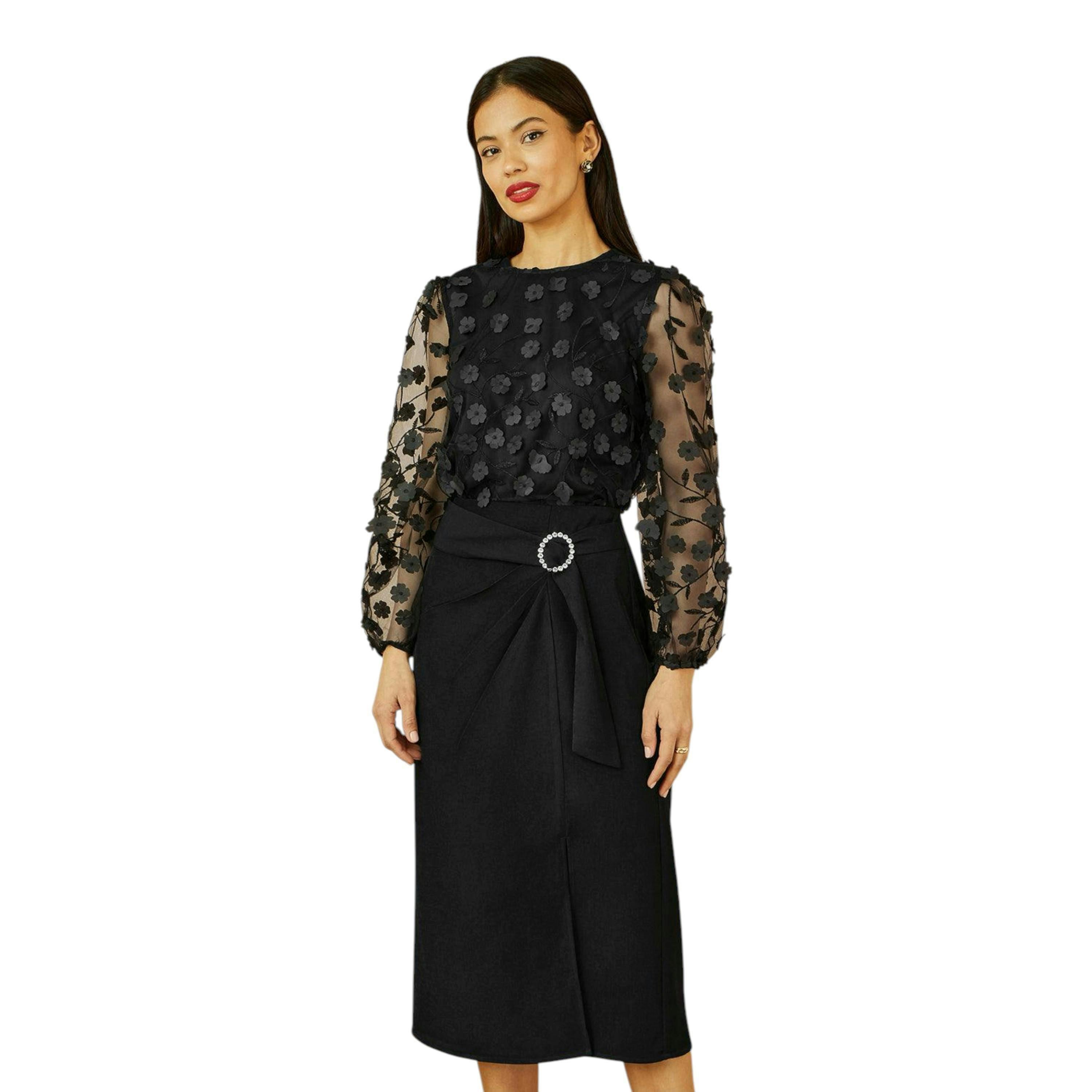 Yumi Black Sheer Sleeve Applique Flower Top , view 2 of 6