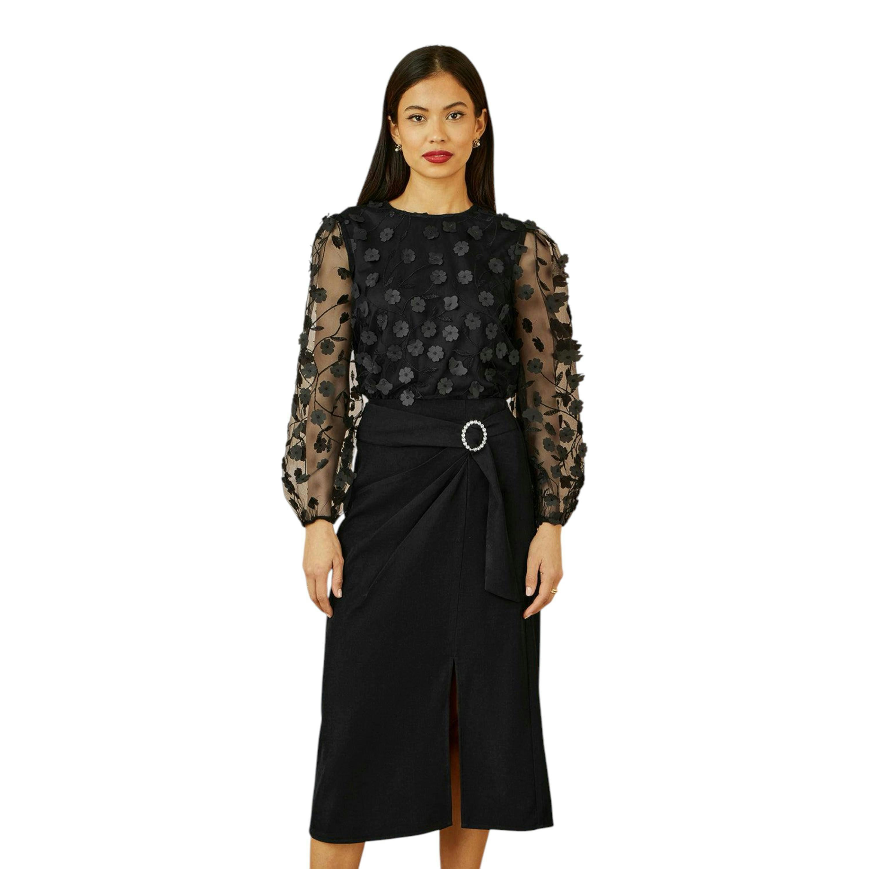 Yumi Black Sheer Sleeve Applique Flower Top , view 3 of 6