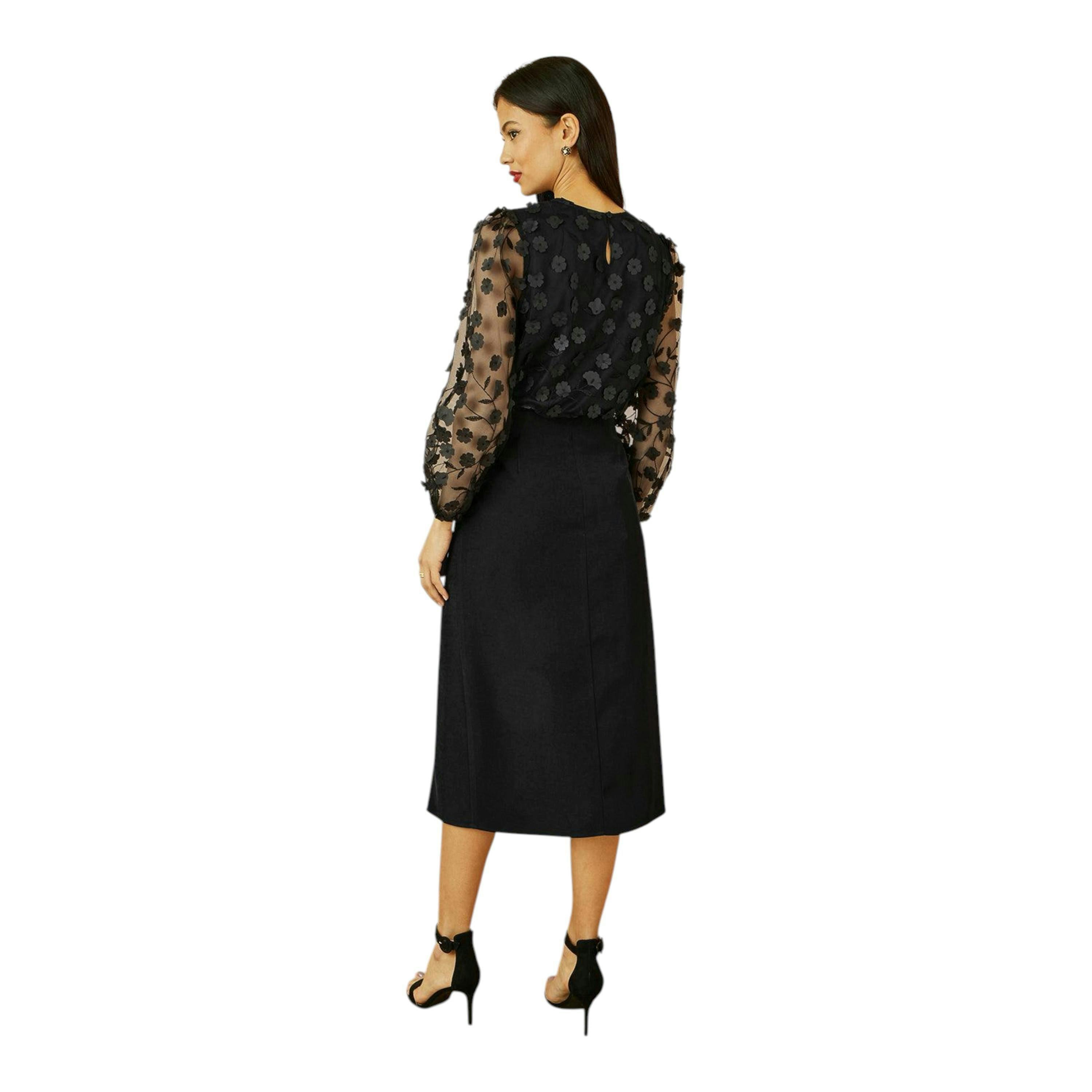 Yumi Black Sheer Sleeve Applique Flower Top , view 4 of 6