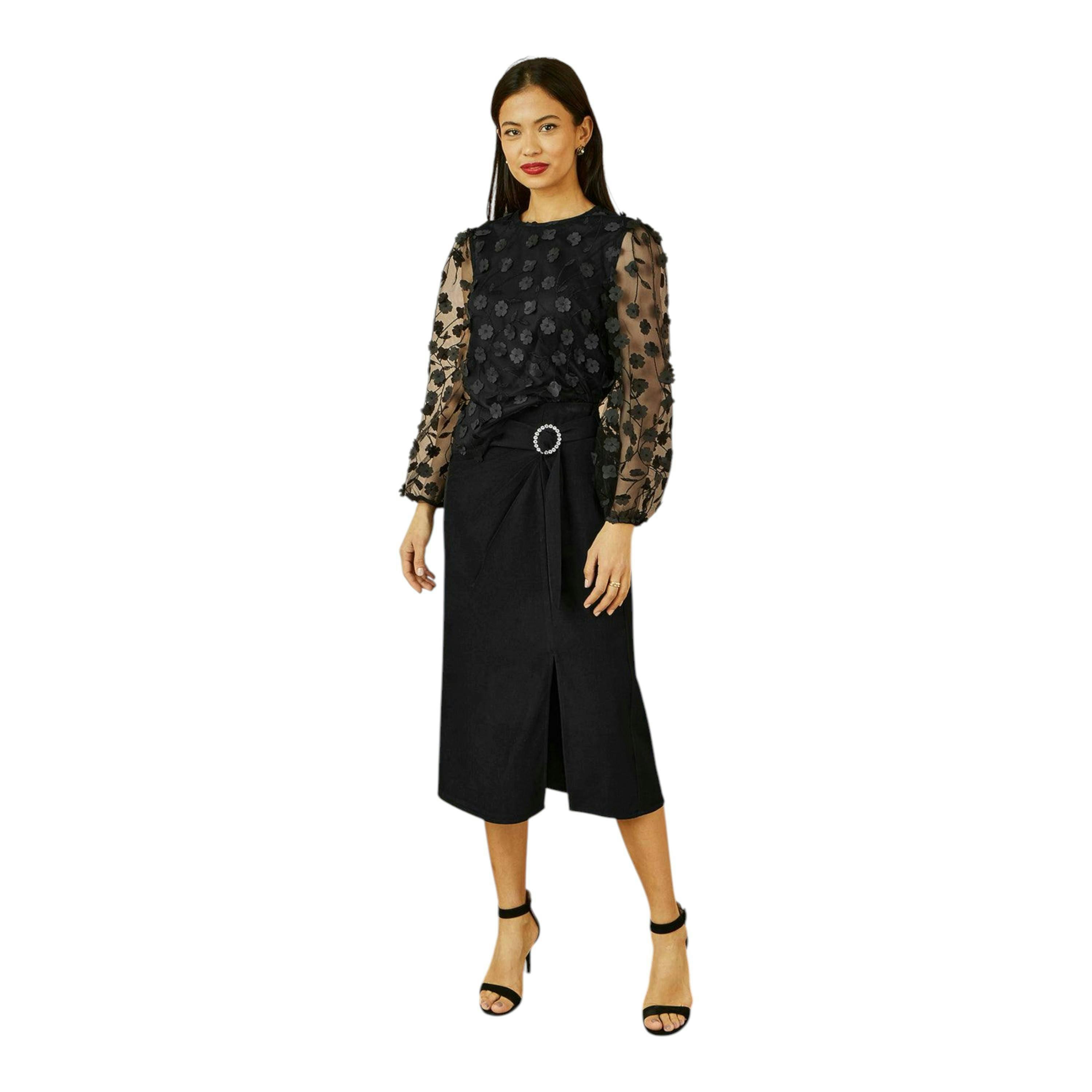 Yumi Black Sheer Sleeve Applique Flower Top , view 5 of 6