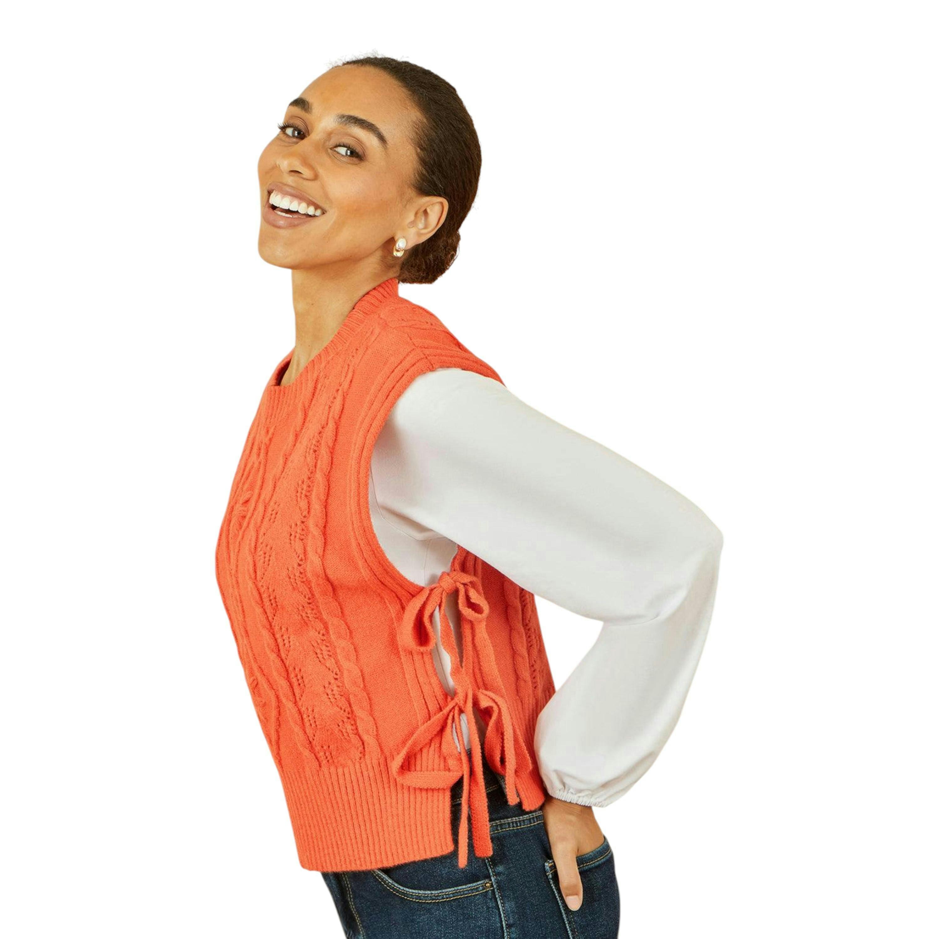 Yumi Orange Flower Cable Knit Tie Side Pullover , view 1 of 5
