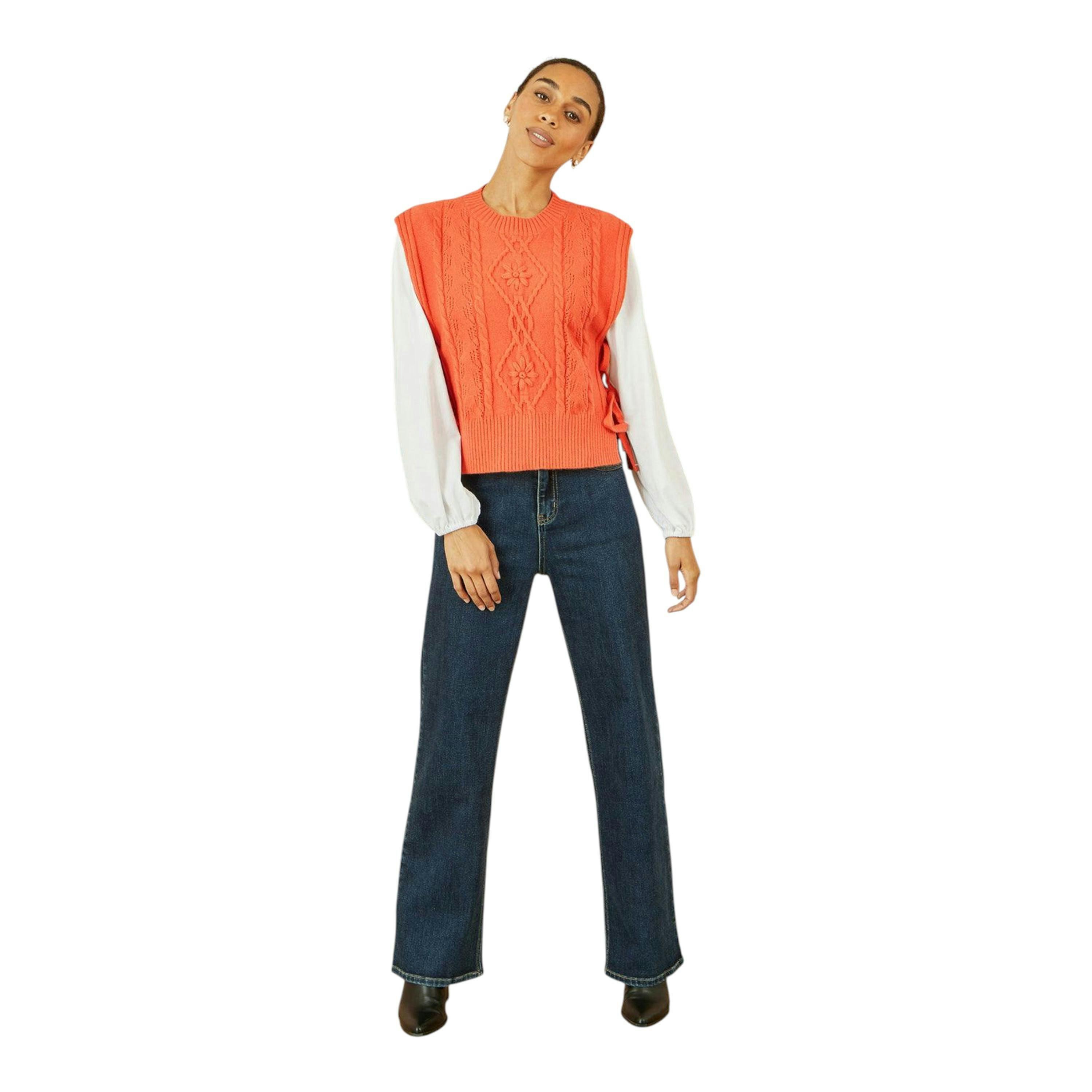 Yumi Orange Flower Cable Knit Tie Side Pullover , view 2 of 5