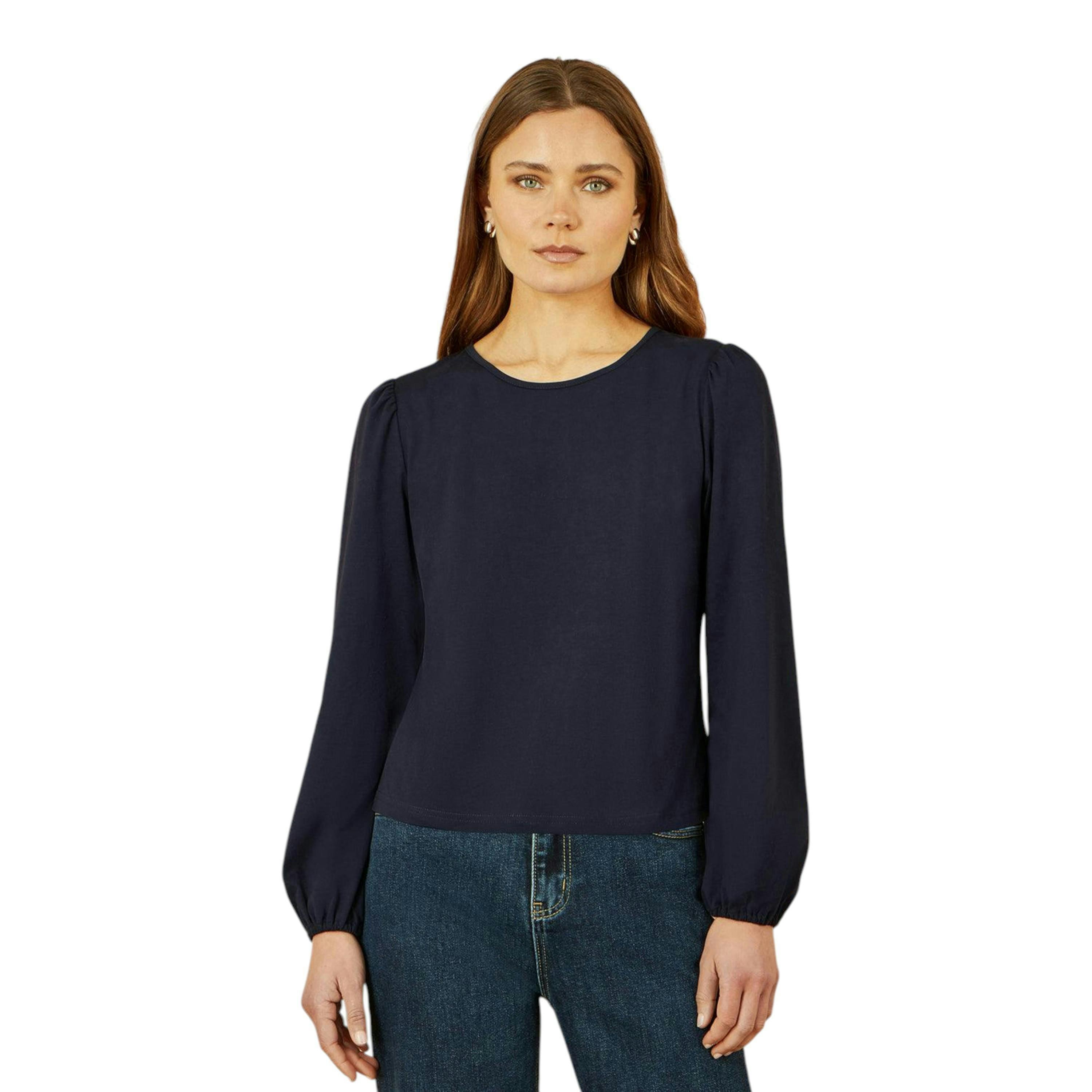 Yumi Navy Stretch Cotton Jersey Long Sleeve Top , view 1 of 6