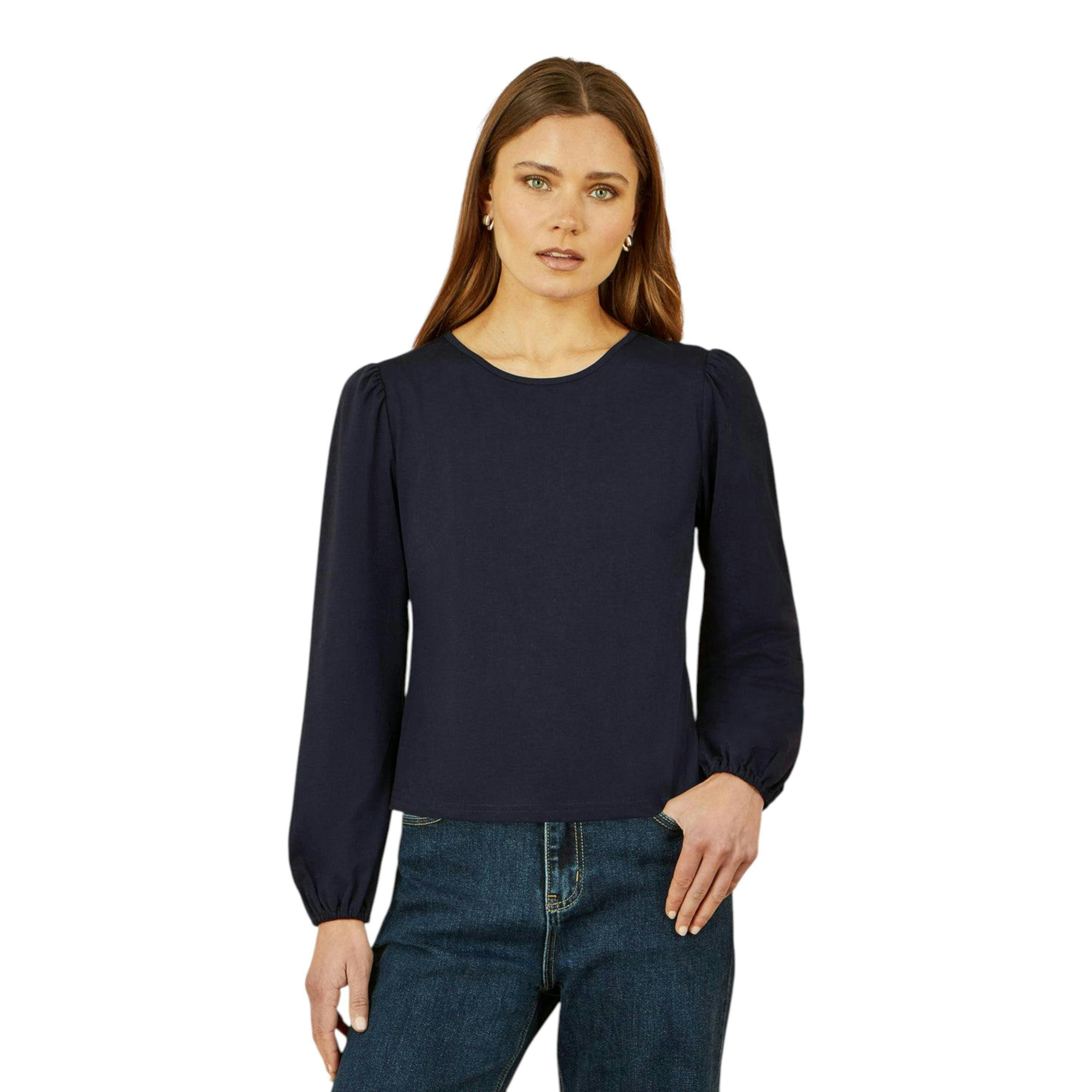 Yumi Navy Stretch Cotton Jersey Long Sleeve Top , view 2 of 6