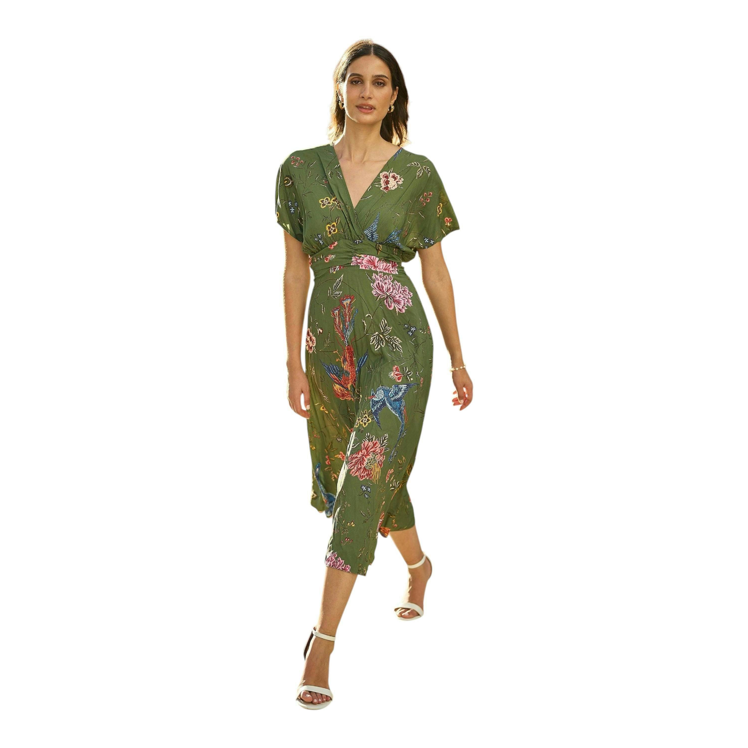 Yumi Green Bird and Floral Print Ruched Waist Kimono Midi Dress , view 2 of 5