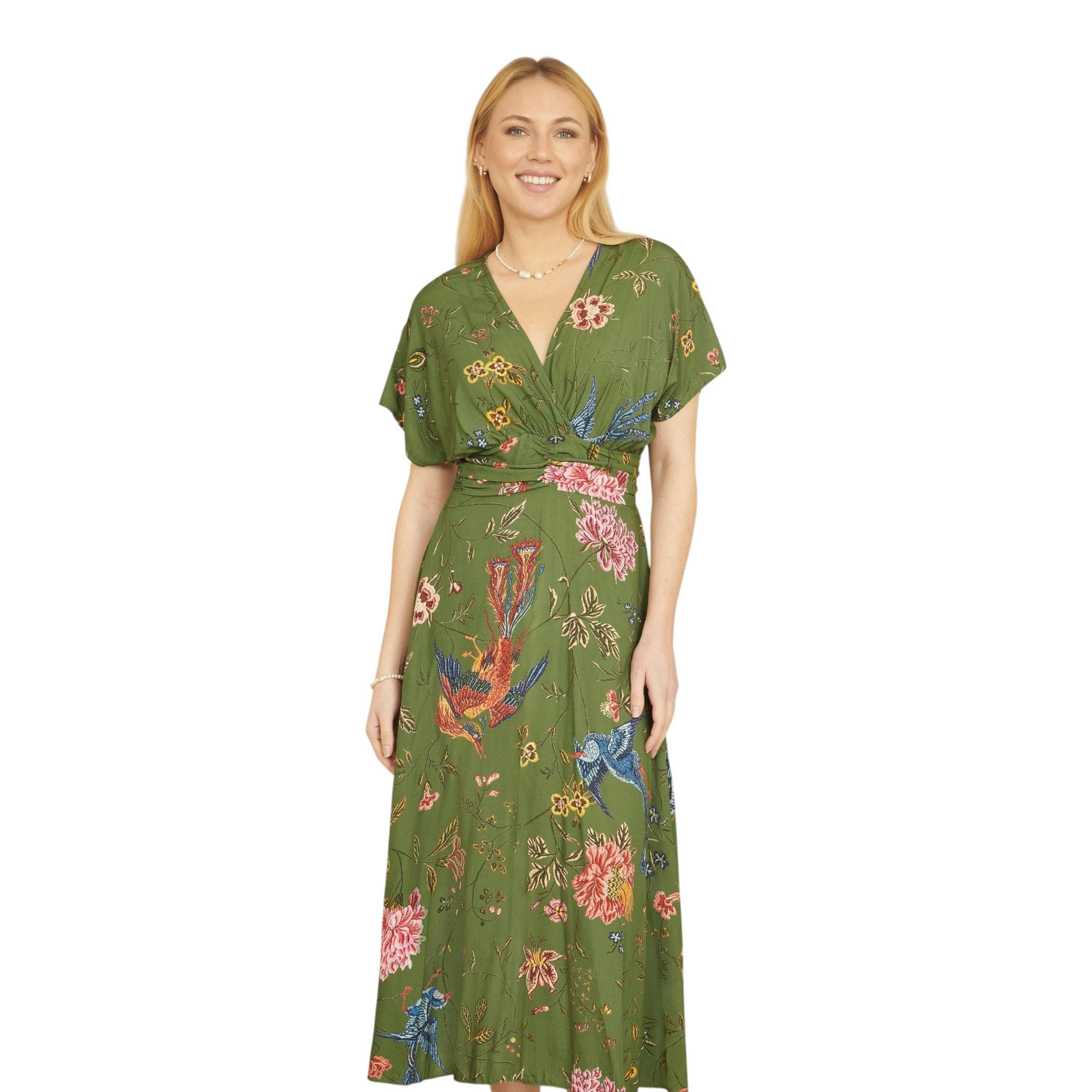 Yumi Green Bird and Floral Print Ruched Waist Kimono Midi Dress , view 3 of 5