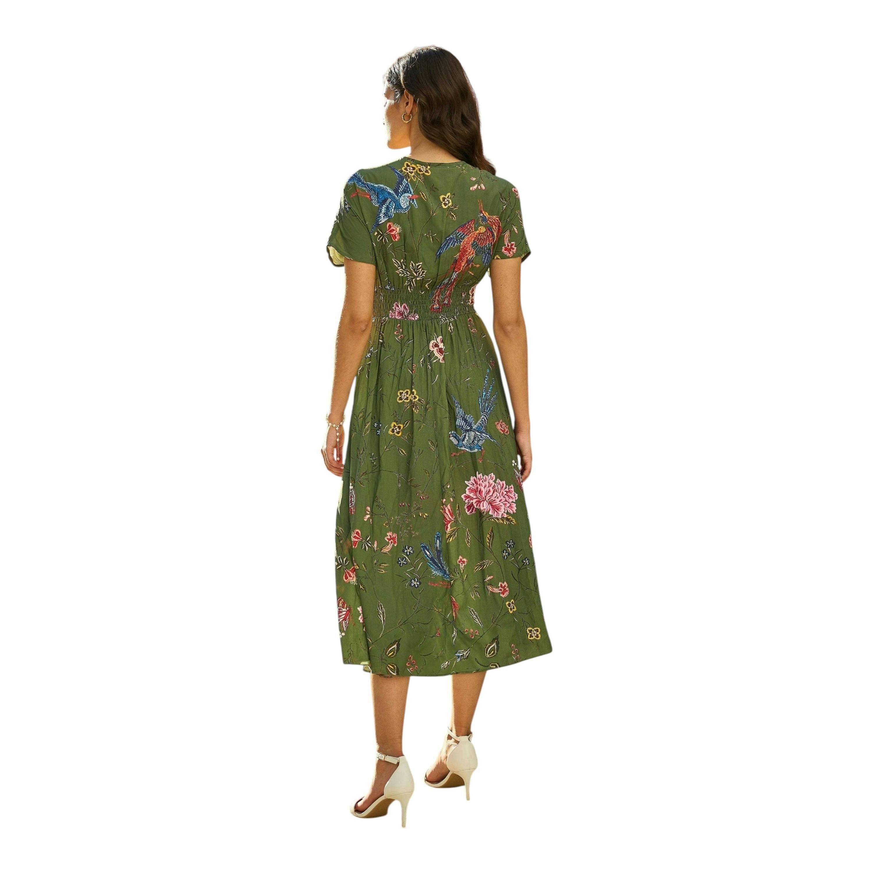 Yumi Green Bird and Floral Print Ruched Waist Kimono Midi Dress , view 4 of 5