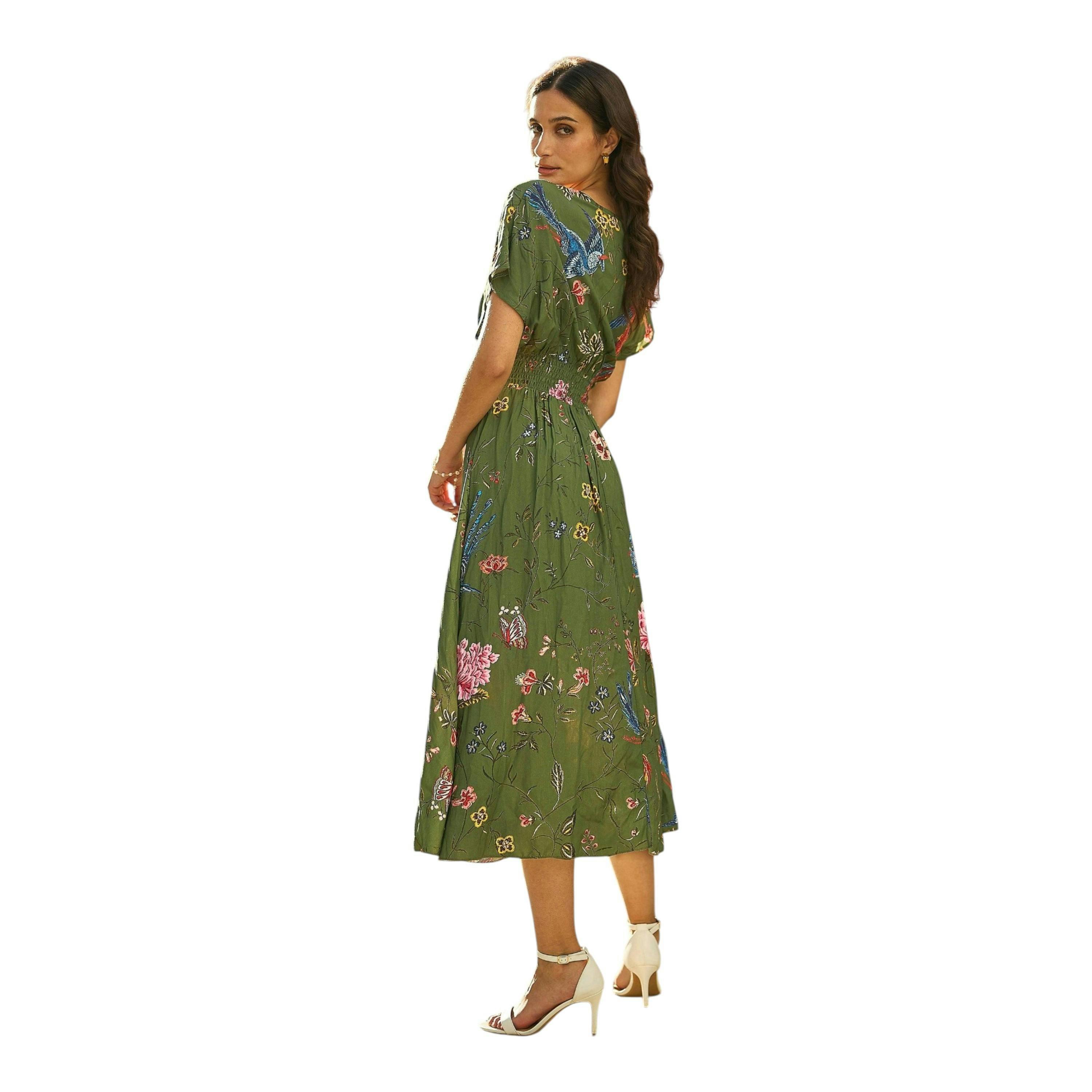 Yumi Green Bird and Floral Print Ruched Waist Kimono Midi Dress , view 5 of 5