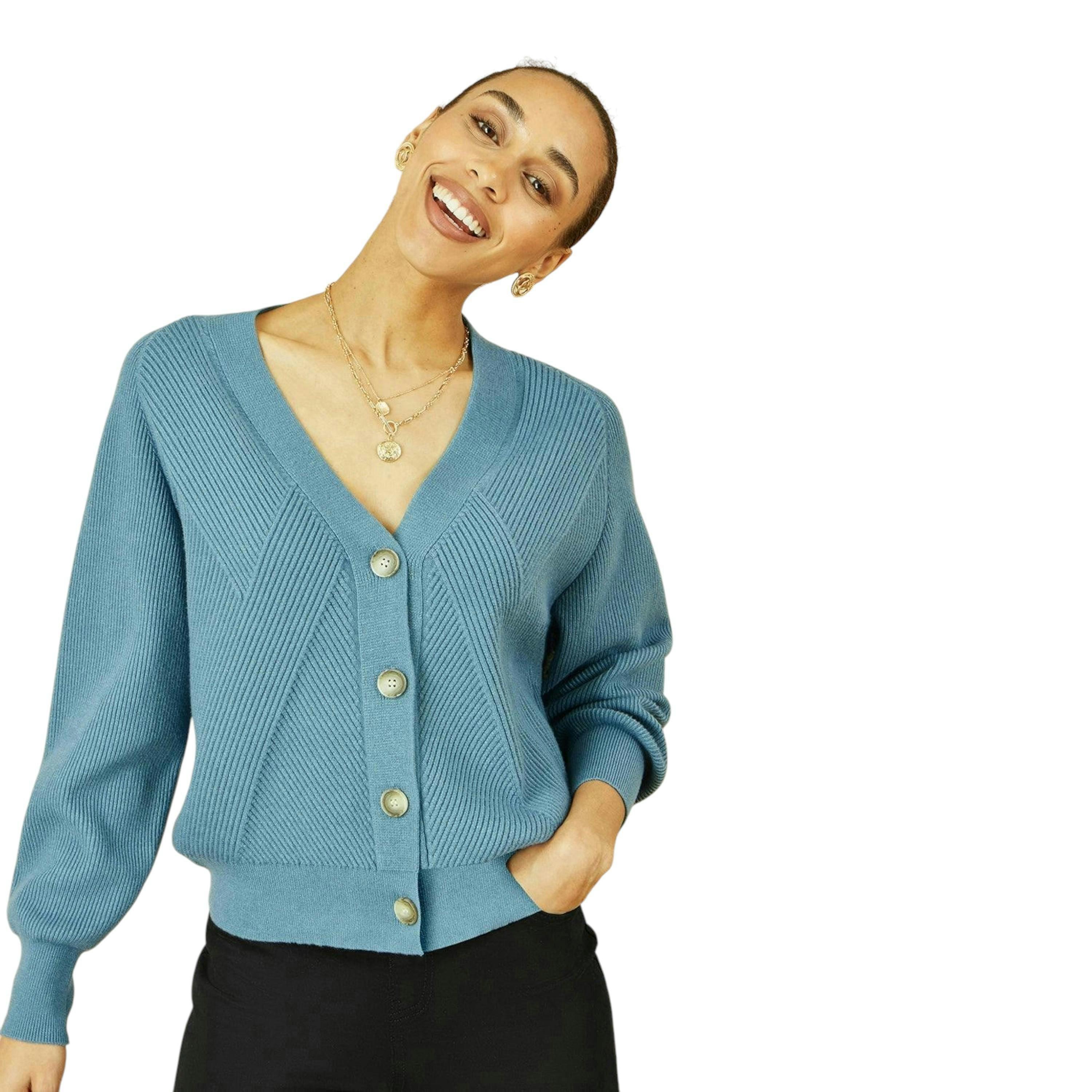 Yumi Blue Relaxed Fit Cardigan With Stitch Detail , view 1 of 4