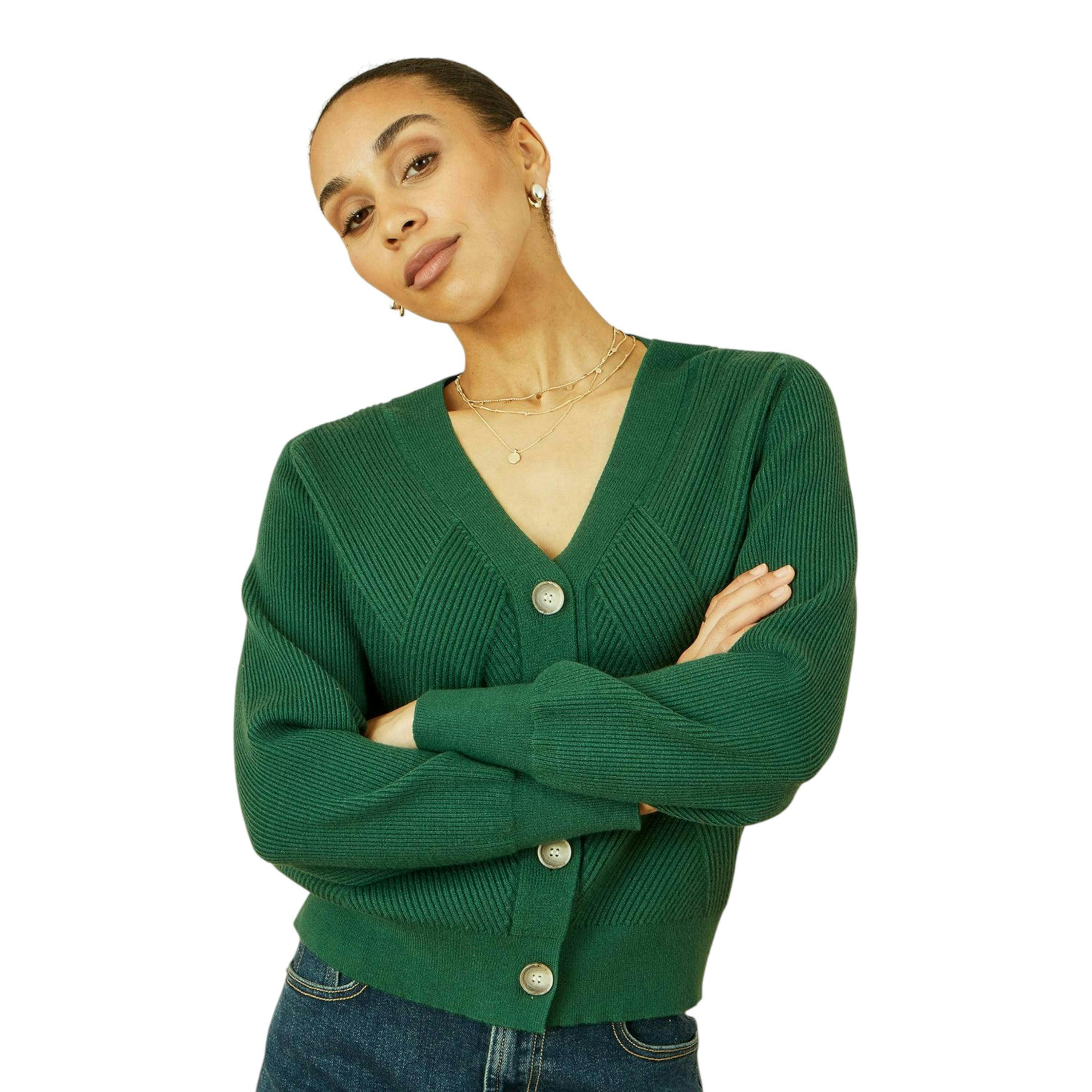 Yumi Green Relaxed Fit Cardigan With Stitch Detail , view 1 of 5