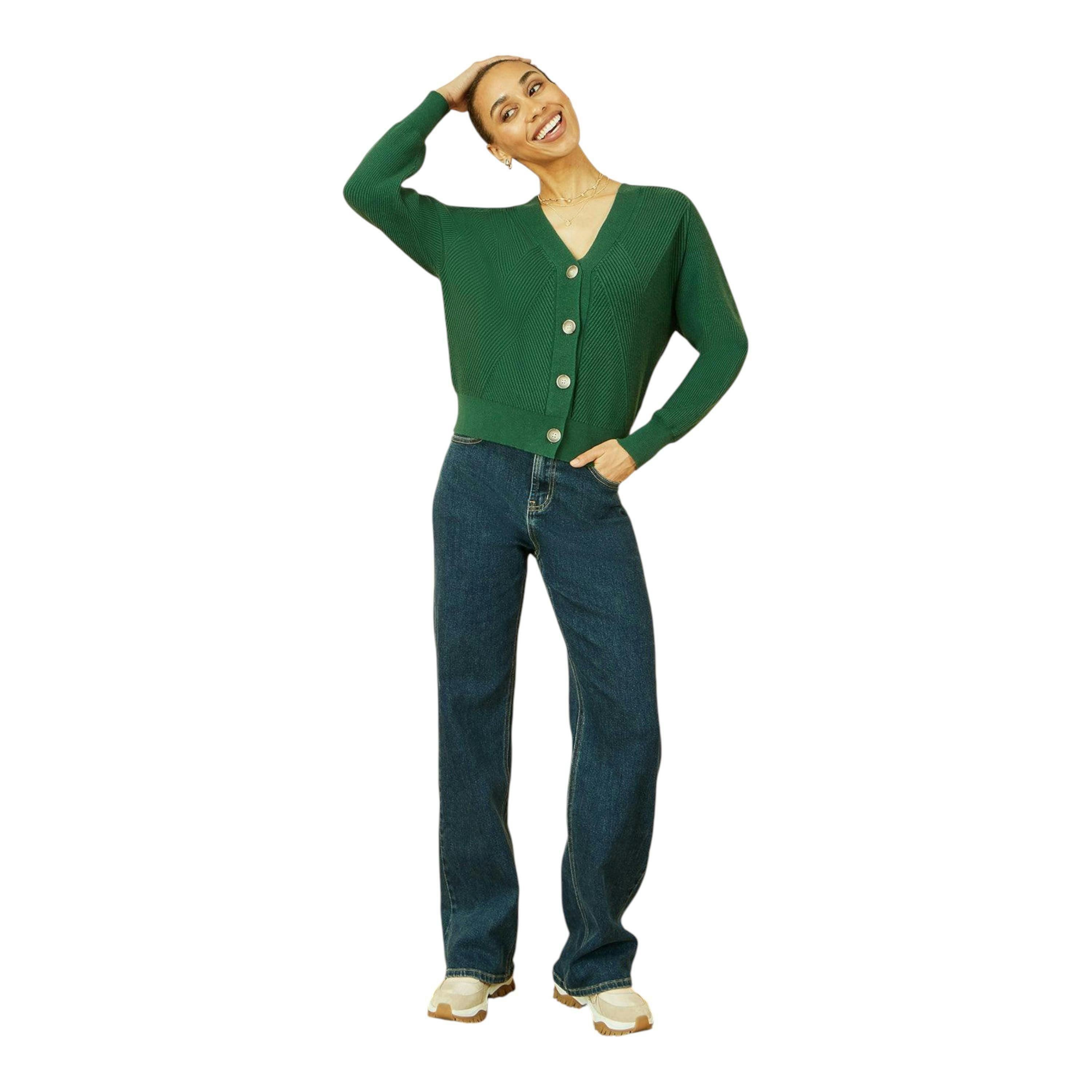 Yumi Green Relaxed Fit Cardigan With Stitch Detail , view 3 of 5