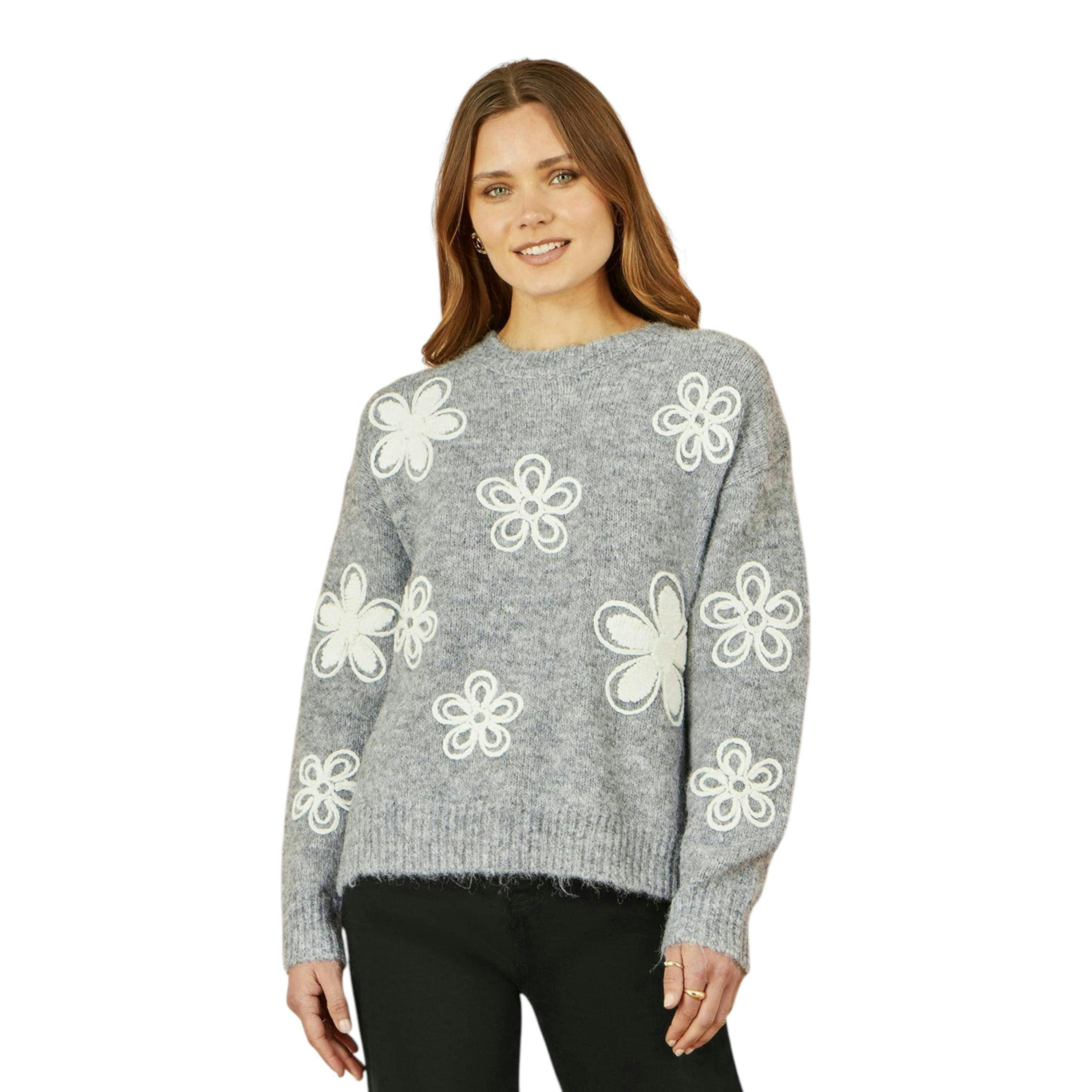 Yumi Grey Relaxed Jumper With Crochet Flowers , view 1 of 5
