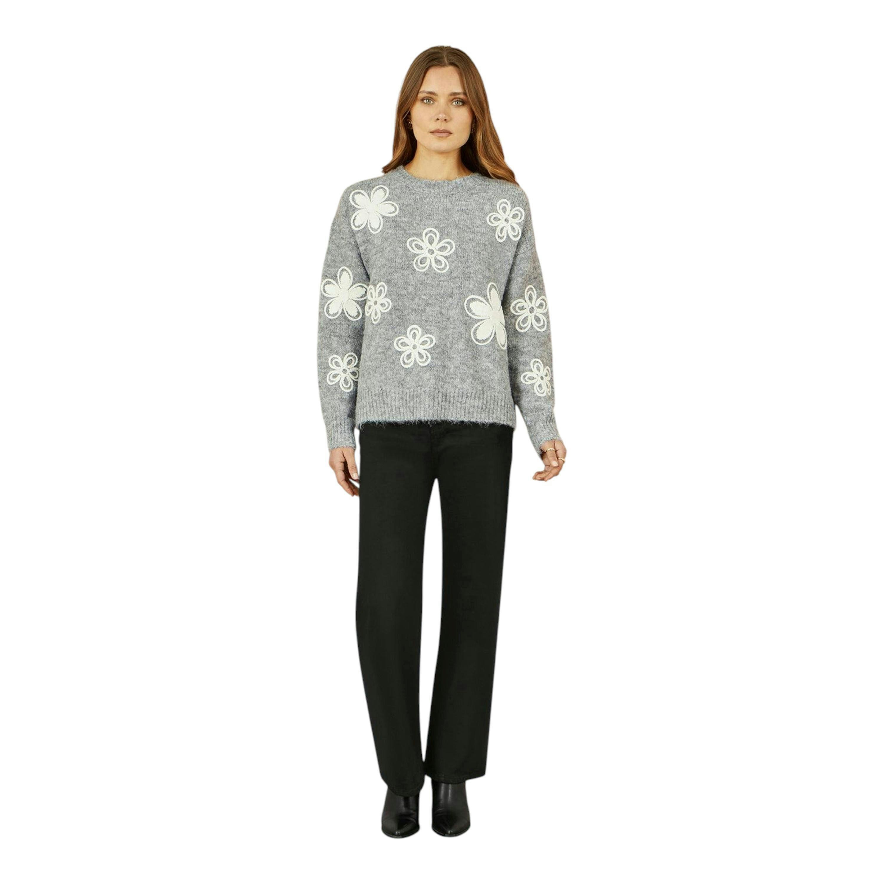 Yumi Grey Relaxed Jumper With Crochet Flowers , view 3 of 5