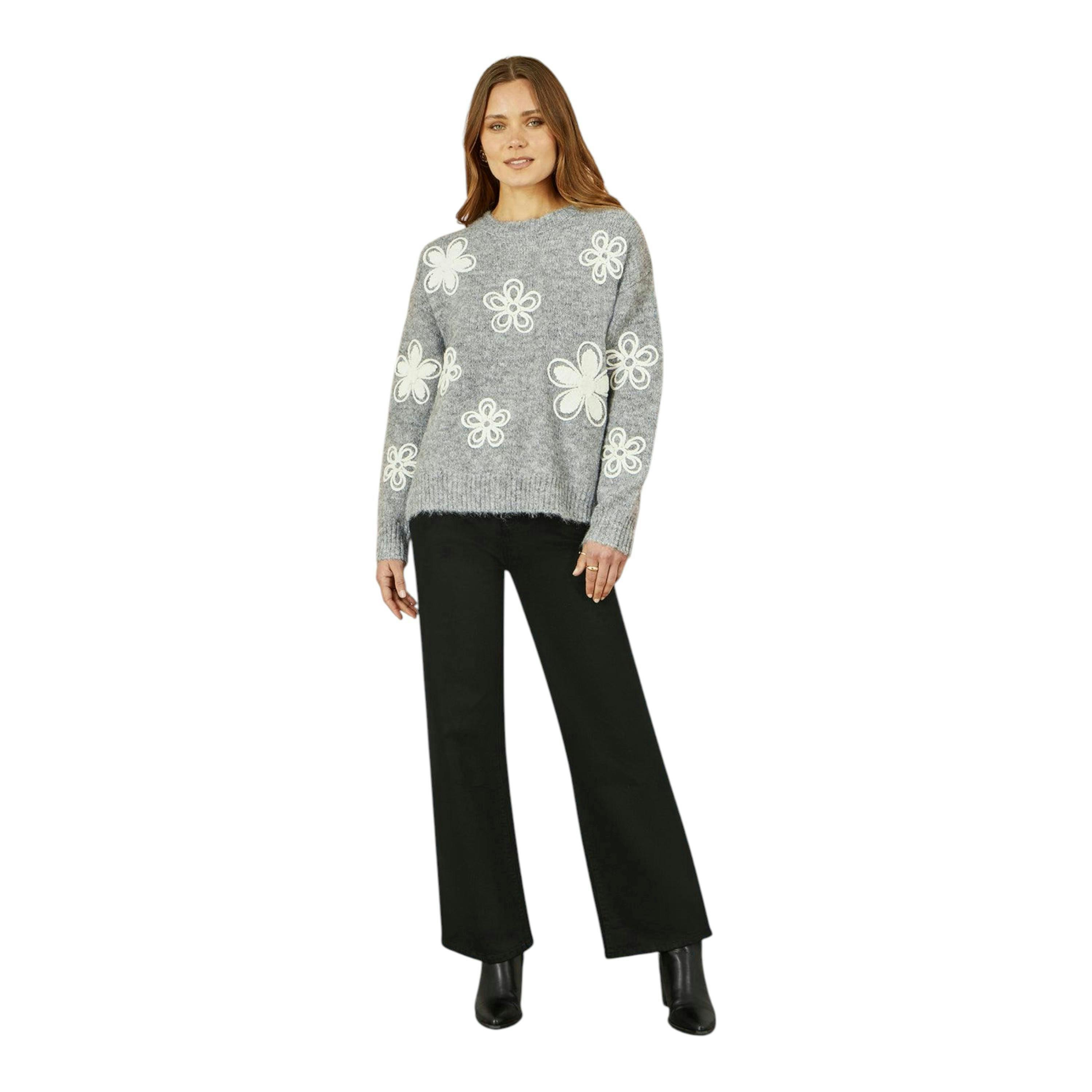 Yumi Grey Relaxed Jumper With Crochet Flowers , view 5 of 5