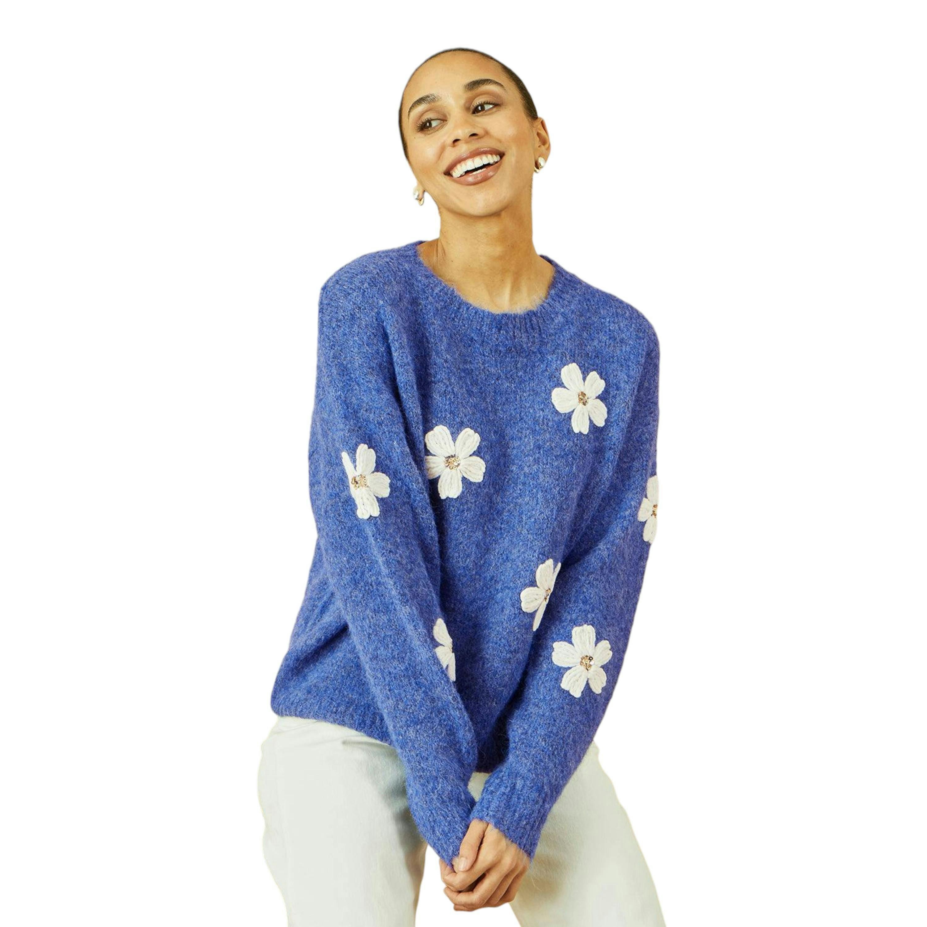 Yumi Blue Relaxed Jumper With Crochet Flowers , view 1 of 5