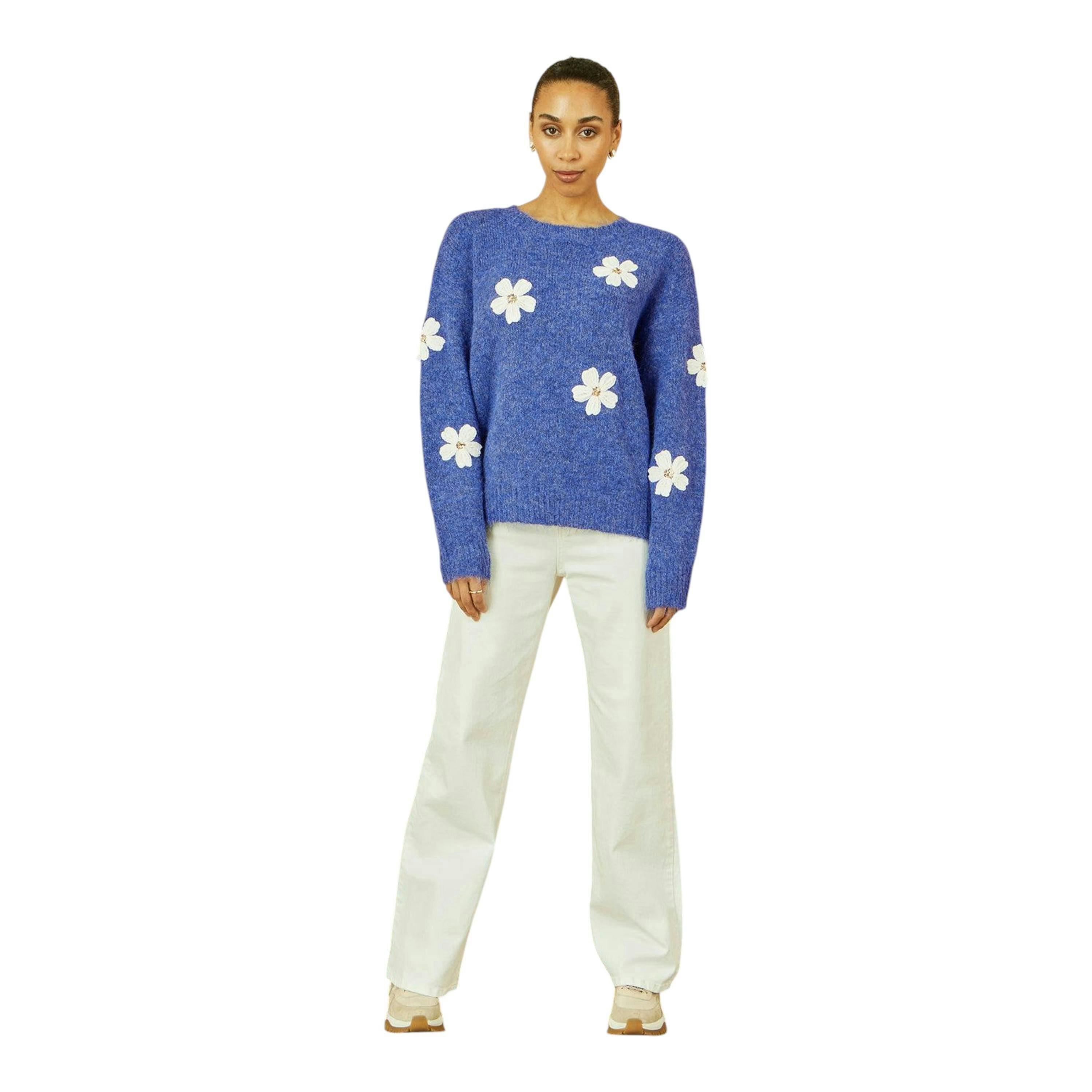 Yumi Blue Relaxed Jumper With Crochet Flowers , view 2 of 5