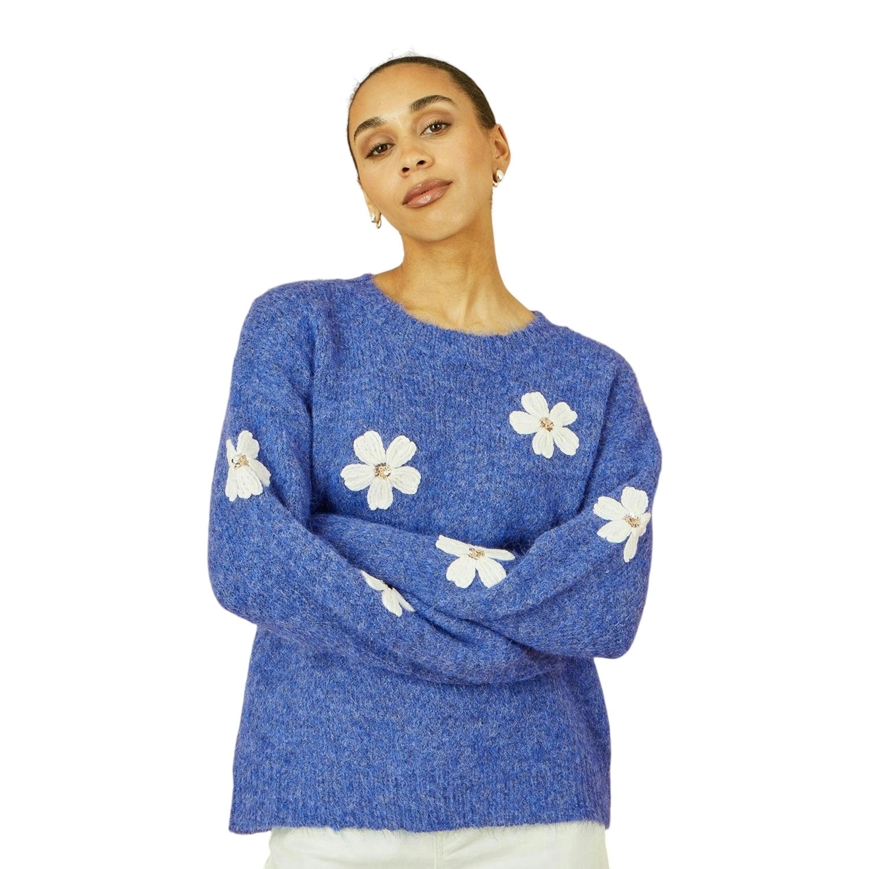 Yumi Blue Relaxed Jumper With Crochet Flowers , view 3 of 5