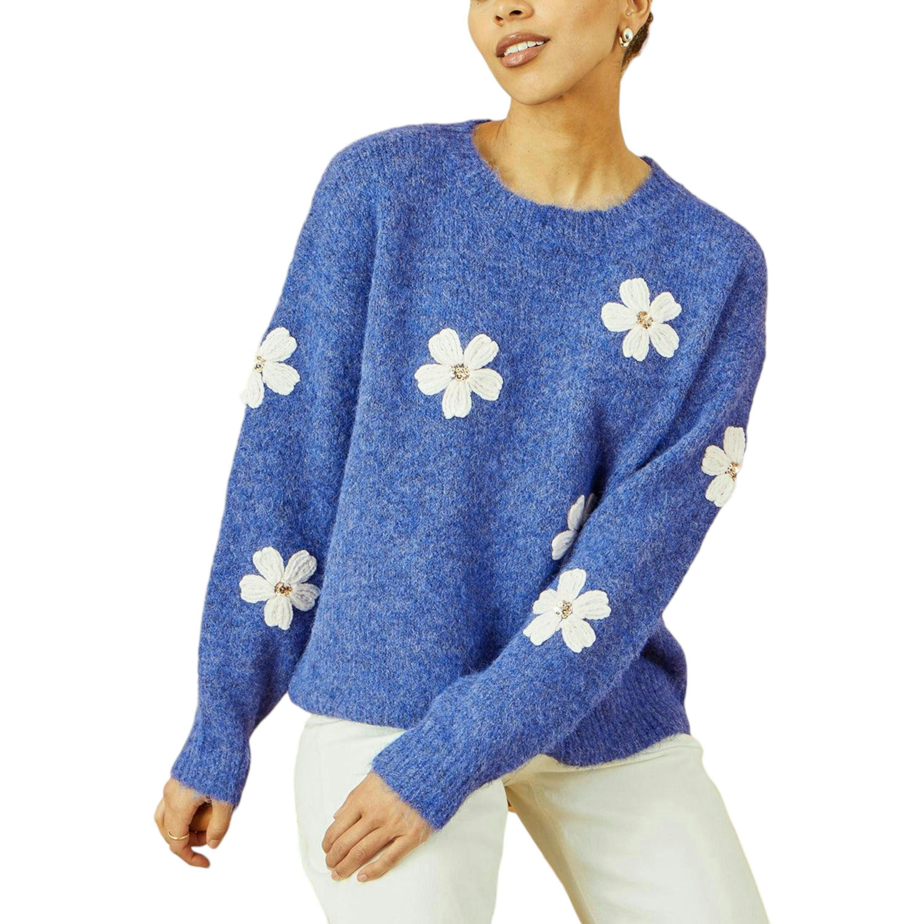 Yumi Blue Relaxed Jumper With Crochet Flowers , view 5 of 5
