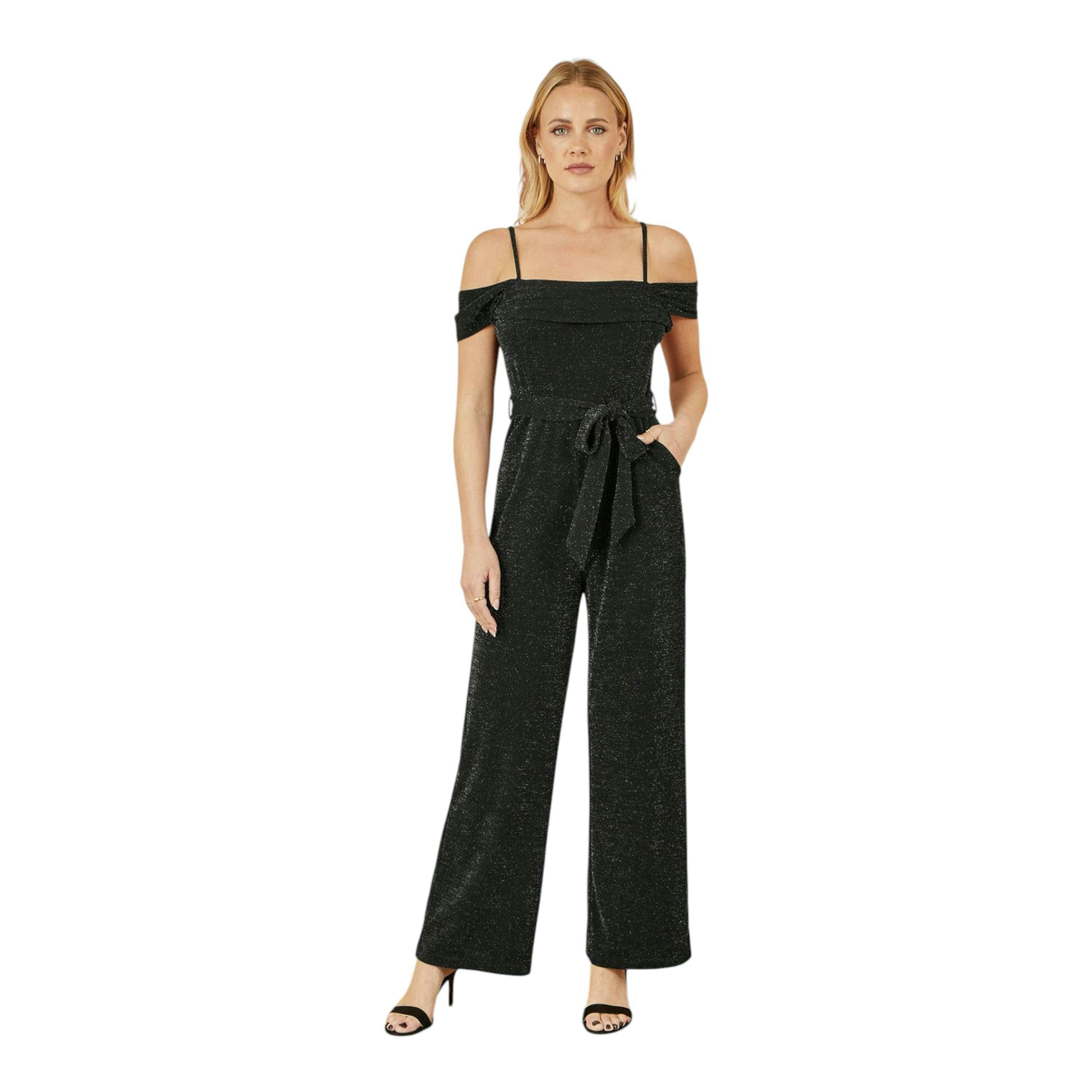 Yumi Black Sparkle Stretch Bardot Jumpsuit , view 1 of 6