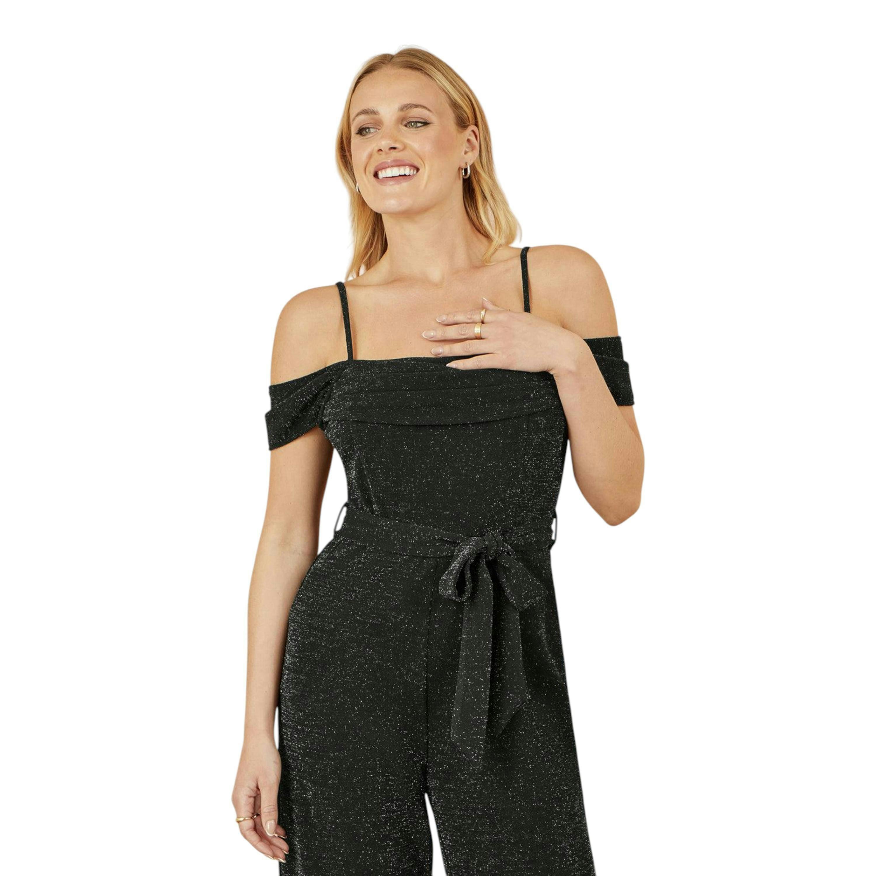Yumi Black Sparkle Stretch Bardot Jumpsuit , view 2 of 6