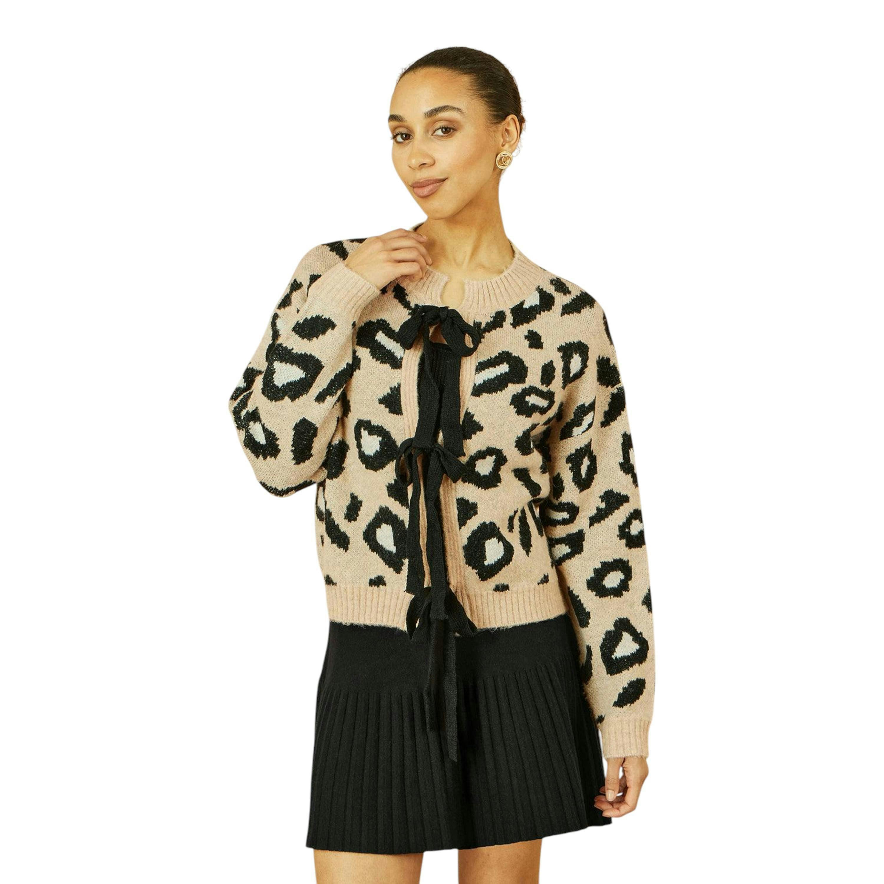 Yumi Beige Animal Print Intarsia Tie Front Cardigan , view 1 of 4