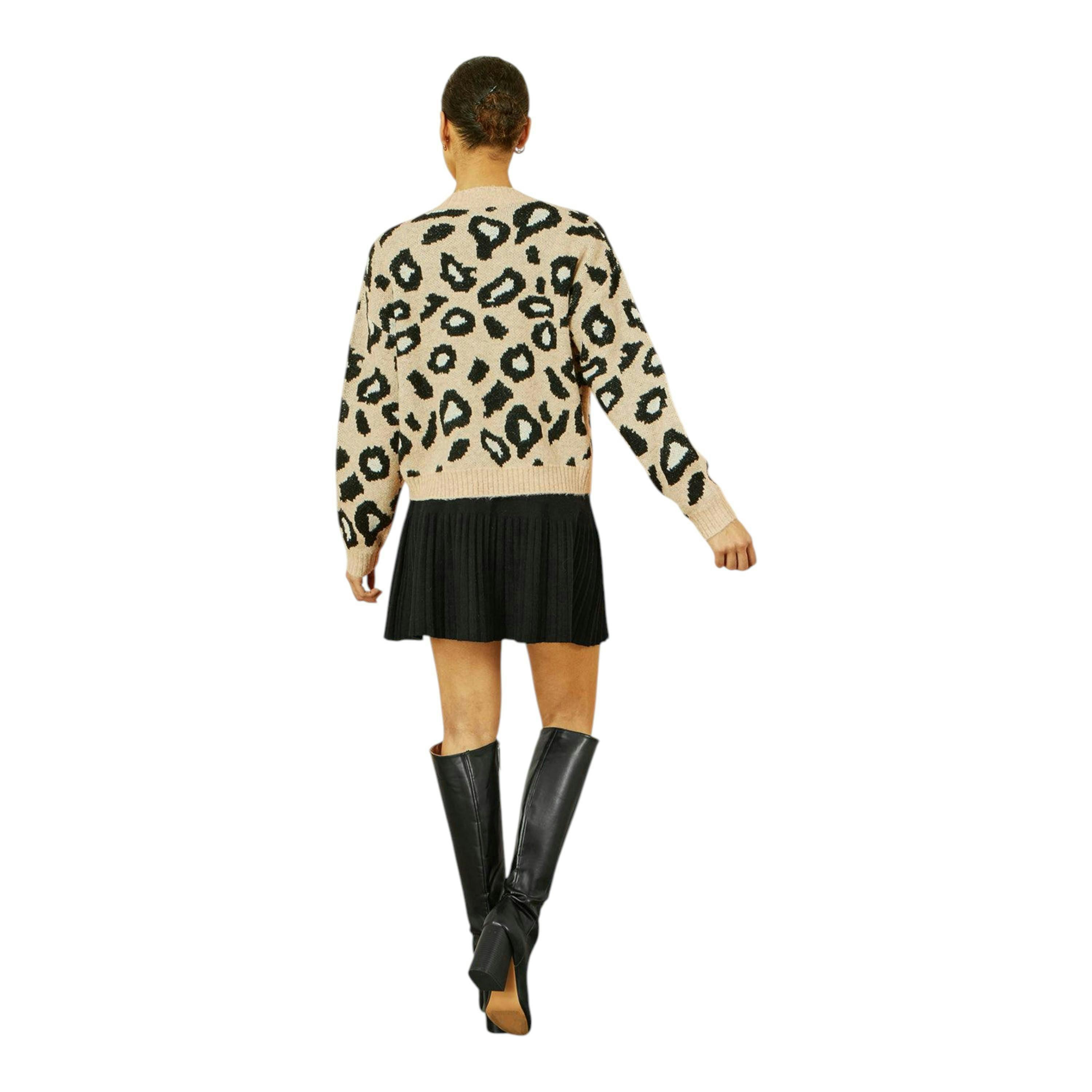 Yumi Beige Animal Print Intarsia Tie Front Cardigan , view 3 of 4