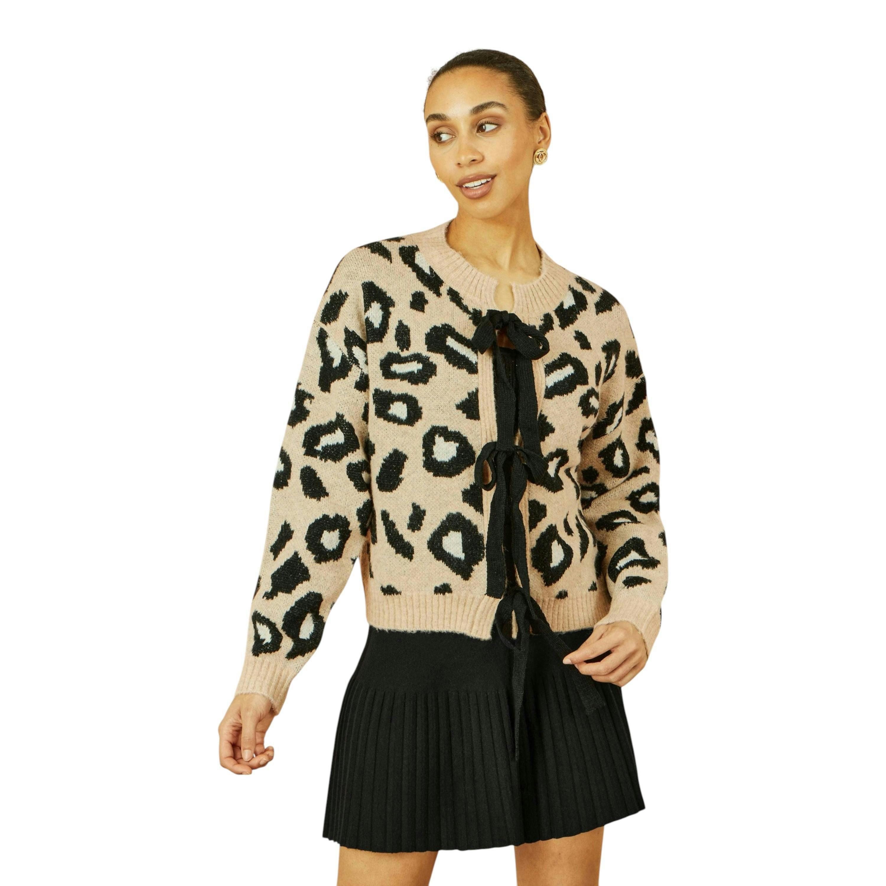 Yumi Beige Animal Print Intarsia Tie Front Cardigan , view 4 of 4