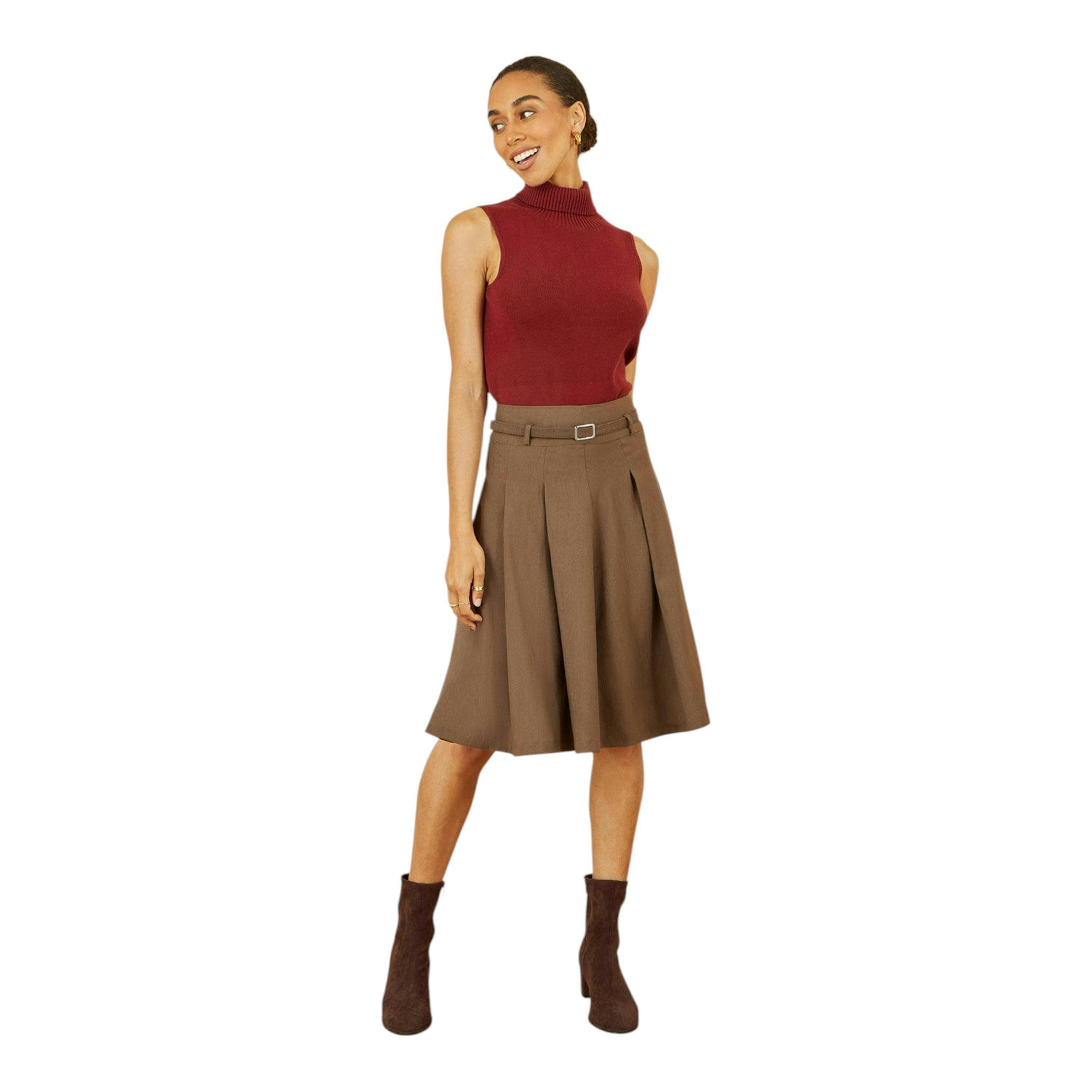 Yumi Brown Pleated Midi Skirt With Matching Belt , view 1 of 5