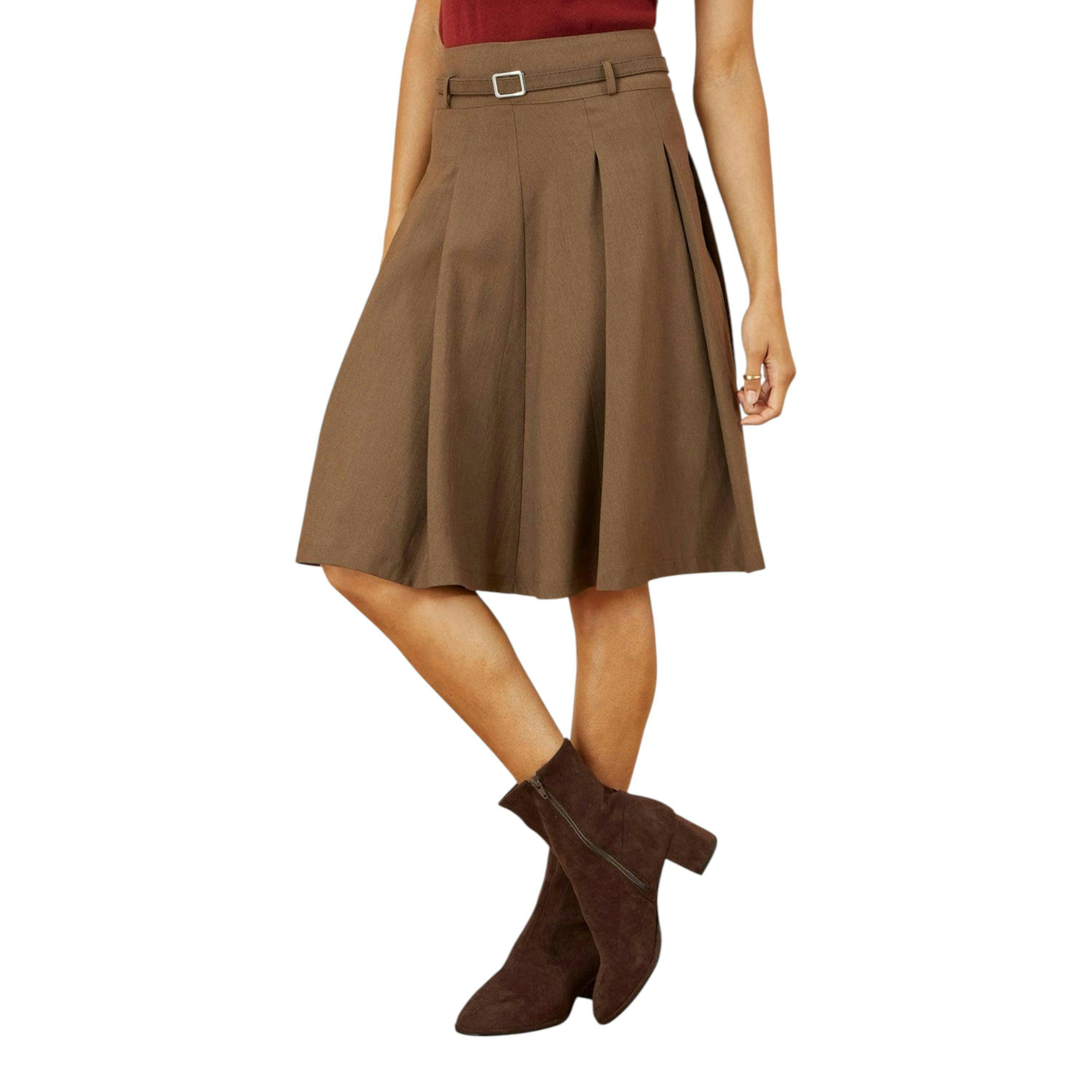 Yumi Brown Pleated Midi Skirt With Matching Belt , view 2 of 5