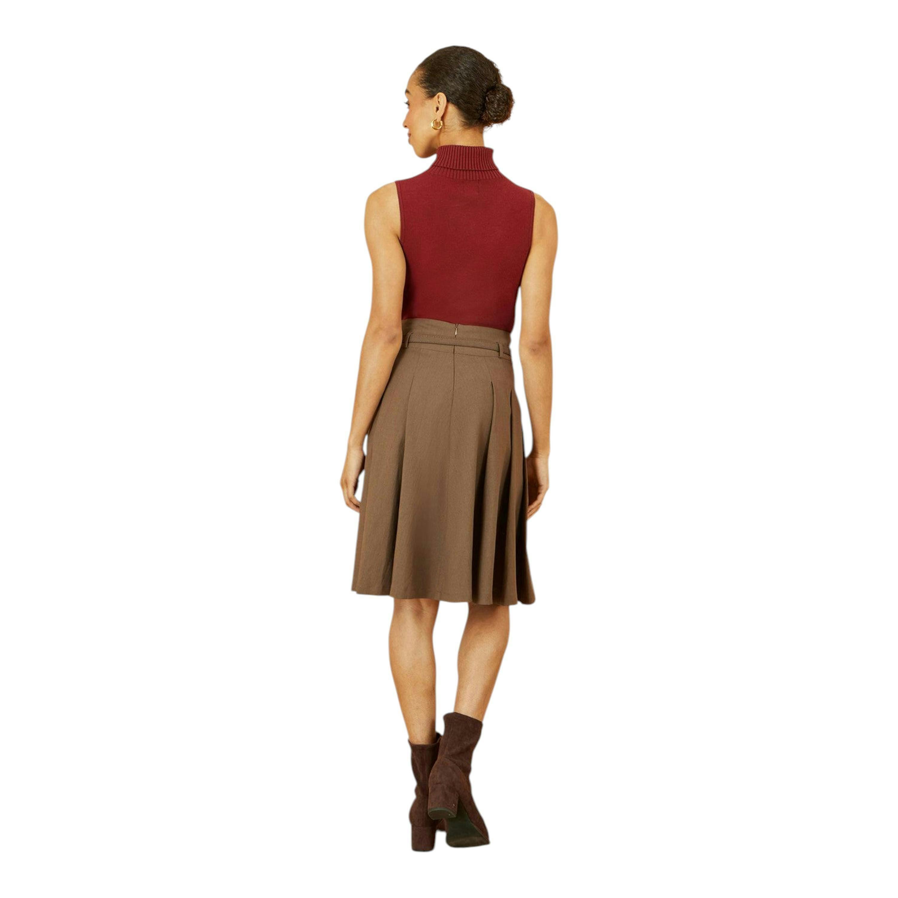 Yumi Brown Pleated Midi Skirt With Matching Belt , view 3 of 5