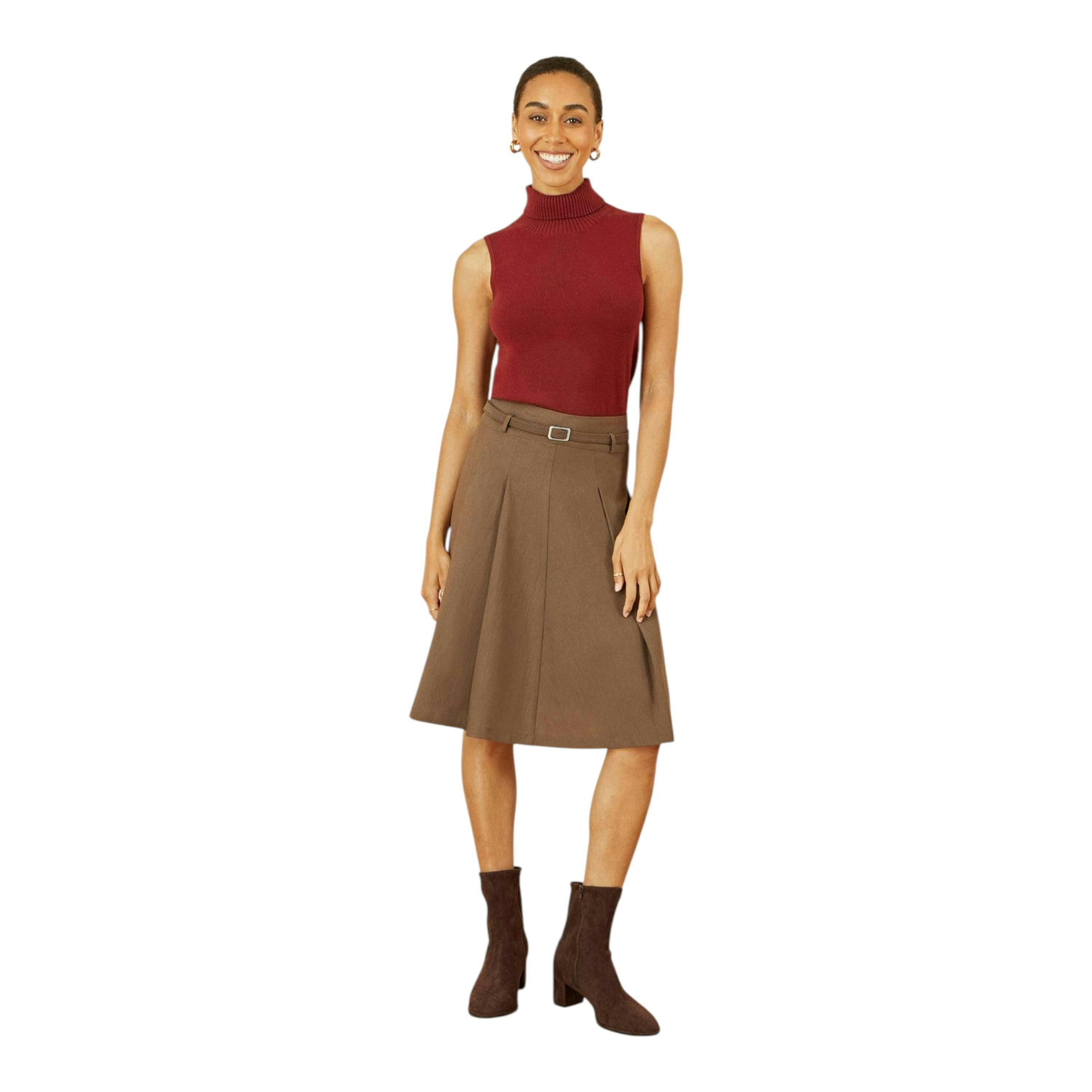Yumi Brown Pleated Midi Skirt With Matching Belt , view 4 of 5
