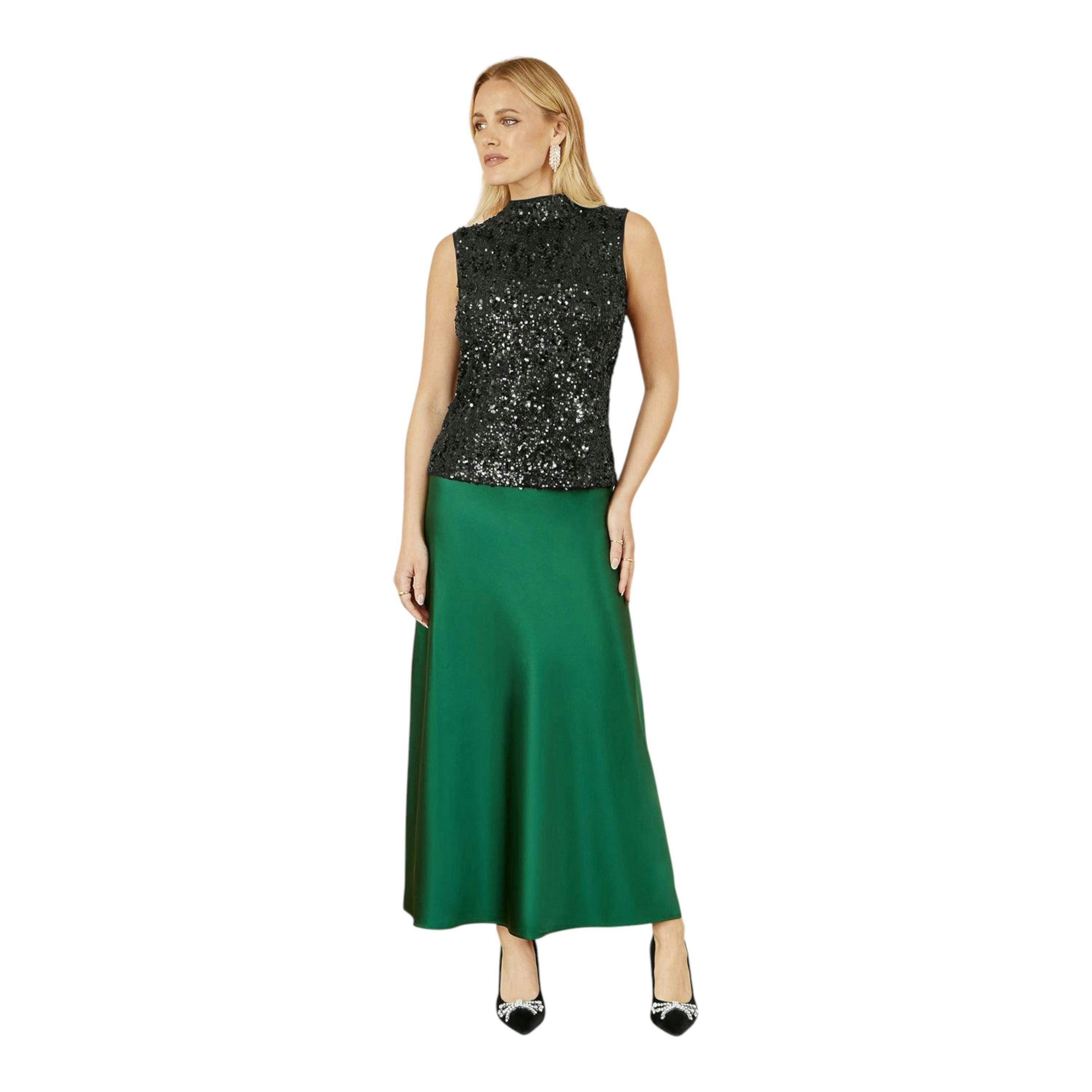 Yumi Green Satin Midi Skirt , view 1 of 4